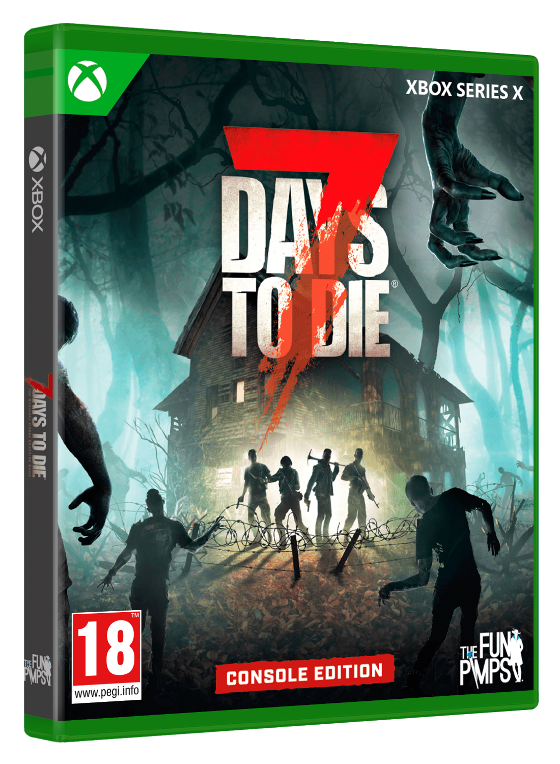 Caja de juego de Xbox Series X para 7 Days to Die. La portada muestra zombis y una casa en llamas.