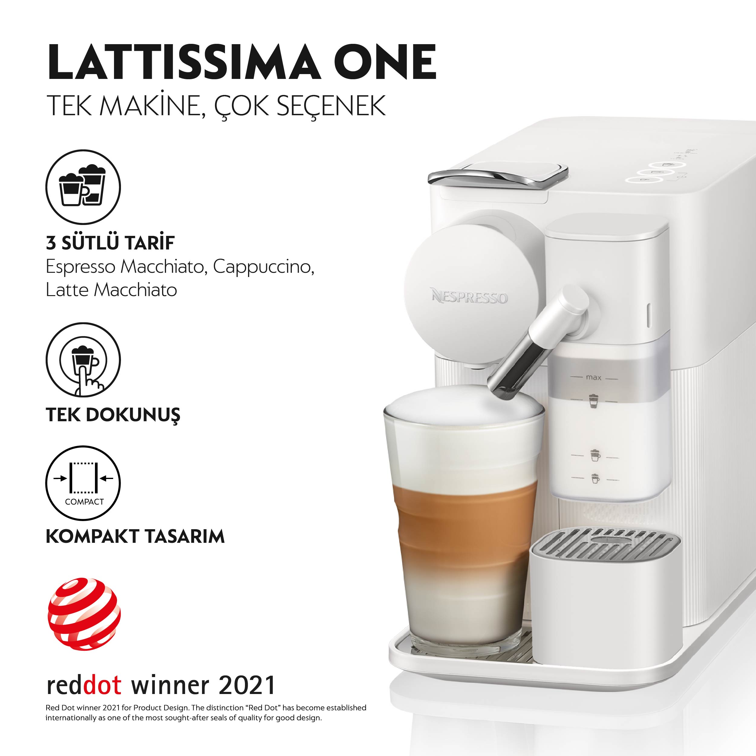 Latte ile Nespresso kahve makinesi. Yan tarafta metin ve illüstrasyonlar.