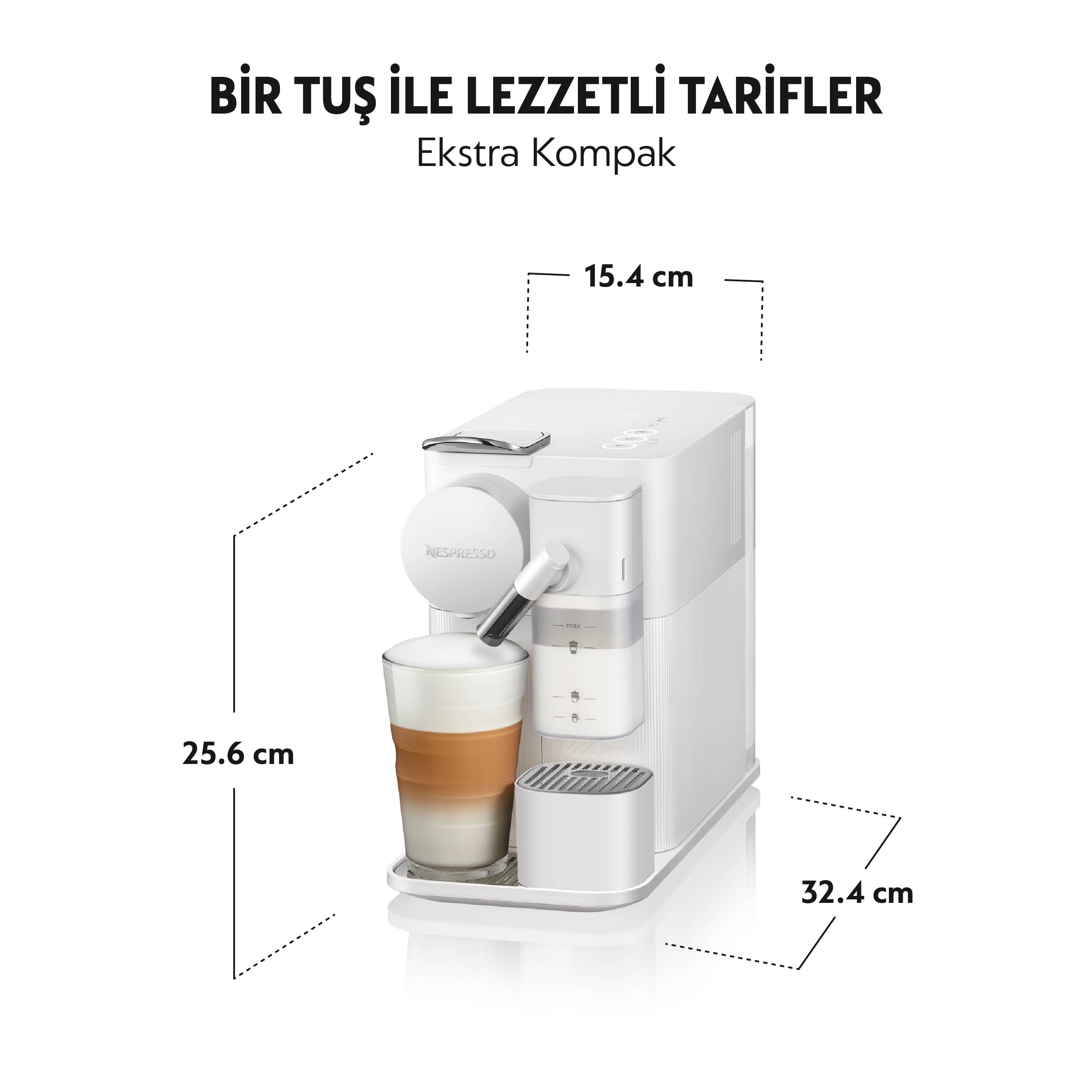 Beyaz kahve makinesi, latte ile, boyutlar gösteriliyor, Türkçe metin.