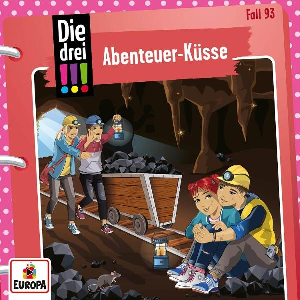 Illustration von drei Kindern, die eine Mine erkunden. Text: Die drei !!! Abenteuer-Küsse.
