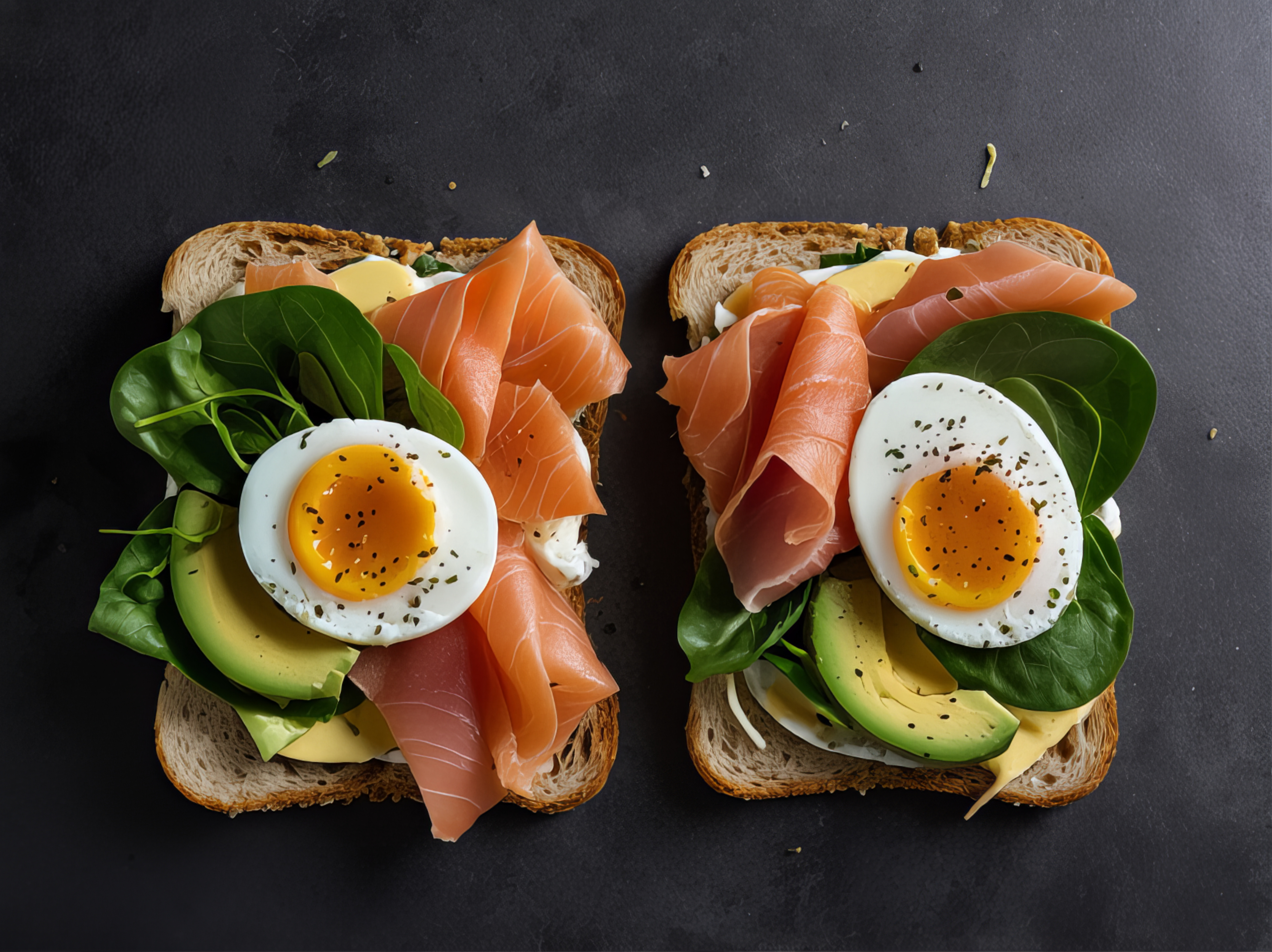 Zwei belegte Brote mit Eiern, Lachs, Avocado und Grünzeug auf dunkler Oberfläche.