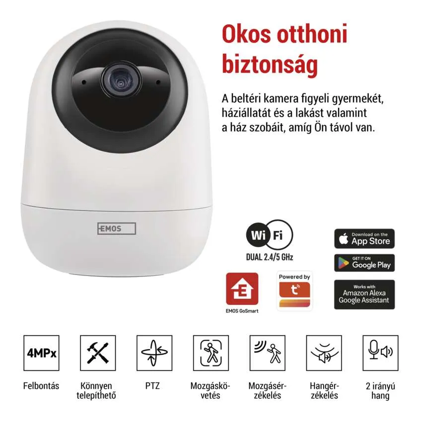 Fehér biztonsági kamera és telefon a kameráról szóló információkkal és Wi-Fi logókkal.