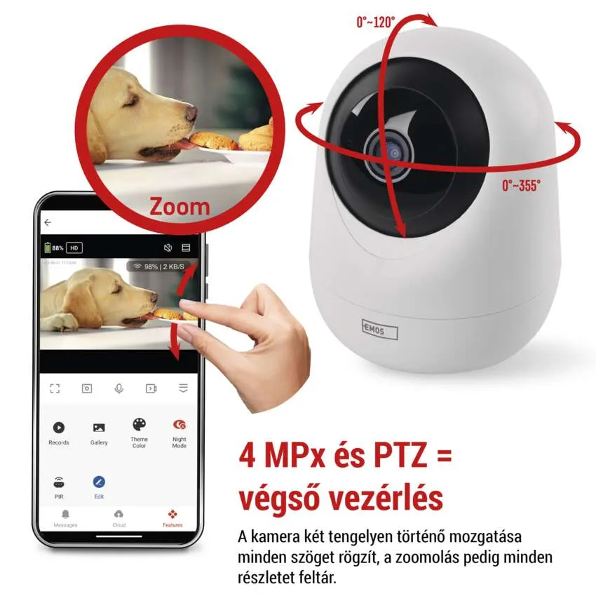 Fehér biztonsági kamera egy telefonnal, amely egy kekszet evő kutyát mutat. A szöveg a Zoom-ot mutatja.