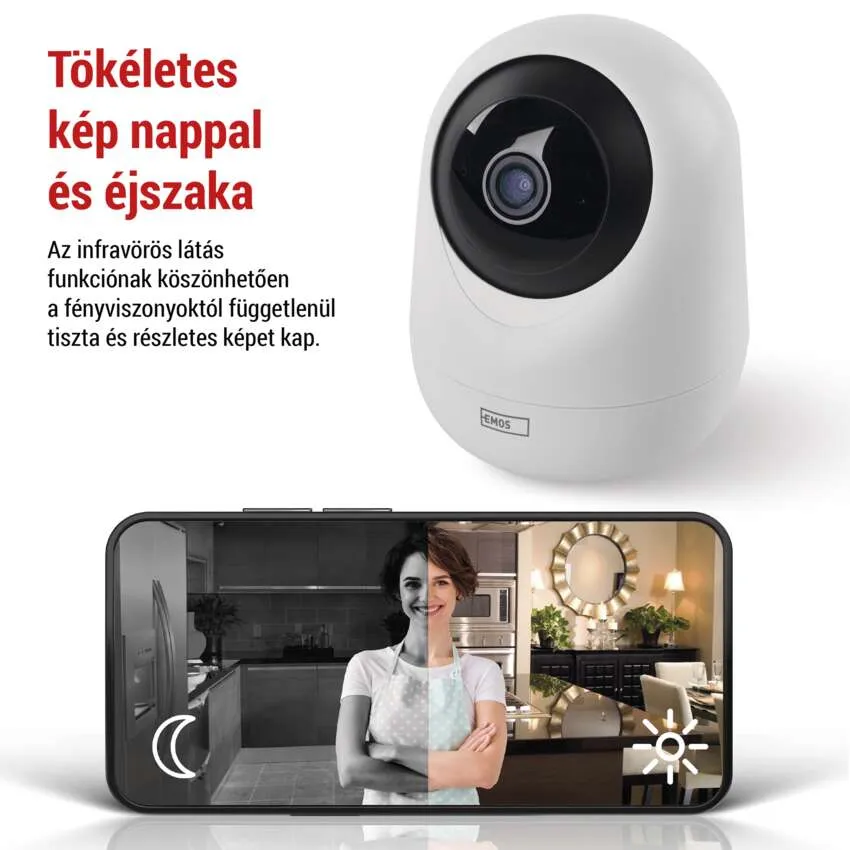 Fehér biztonsági kamera, egy telefon egy nőt mutat fekete-fehérben és egy színes képet.