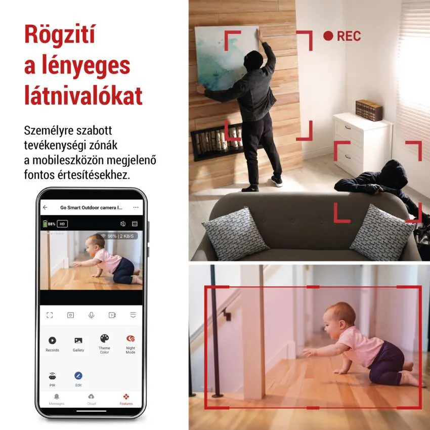 Biztonsági kamera és egy telefon, amely egy babát mutat a padlón. A piros négyzetek aktivitási zónákat jeleznek.