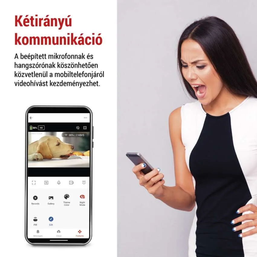 Biztonsági kamera és egy kutya, valamint egy kiabáló nőt mutató telefon. Az alkalmazás kommunikációs funkciókat mutat.