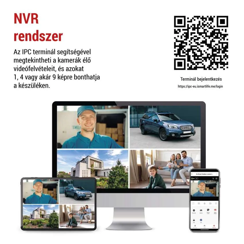 Egy rendszer számítógéppel, táblagéppel, telefonnal és kamerával, élő közvetítést mutatva.