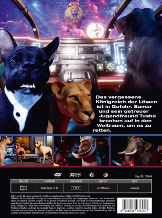 Filmplakat: Tiere im Weltraum. Ein Löwe und ein Hund im Vordergrund. Text auf Deutsch.
