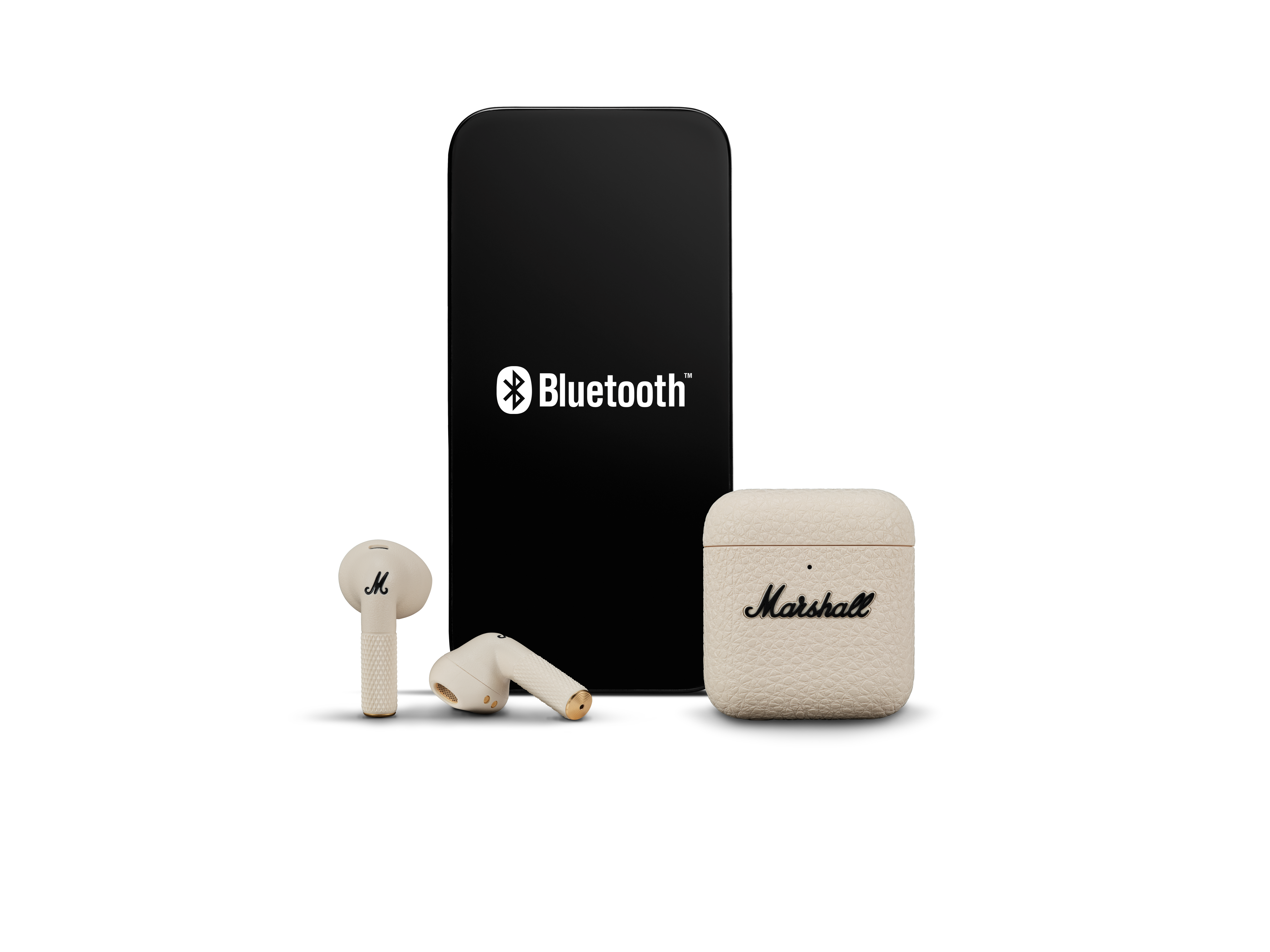 Marshall kulaklıklar, kılıf ve telefon. Telefonda Bluetooth sembolü, siyah zemin.