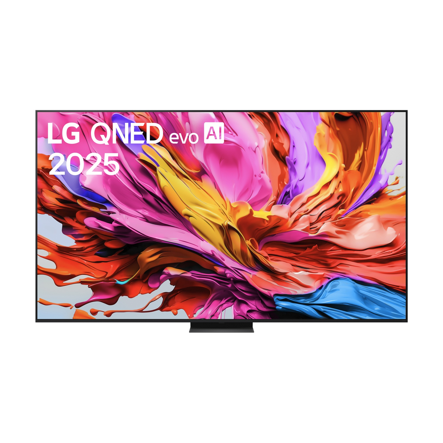 TV con arte astratta colorata, logo LG QNED evo 2025.