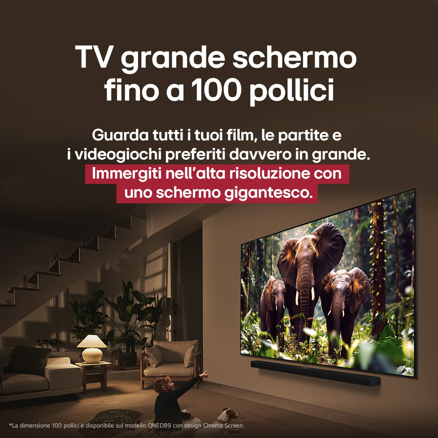 Grande TV con elefanti sullo schermo, testo sulle dimensioni, persona che indica e cane nella stanza.