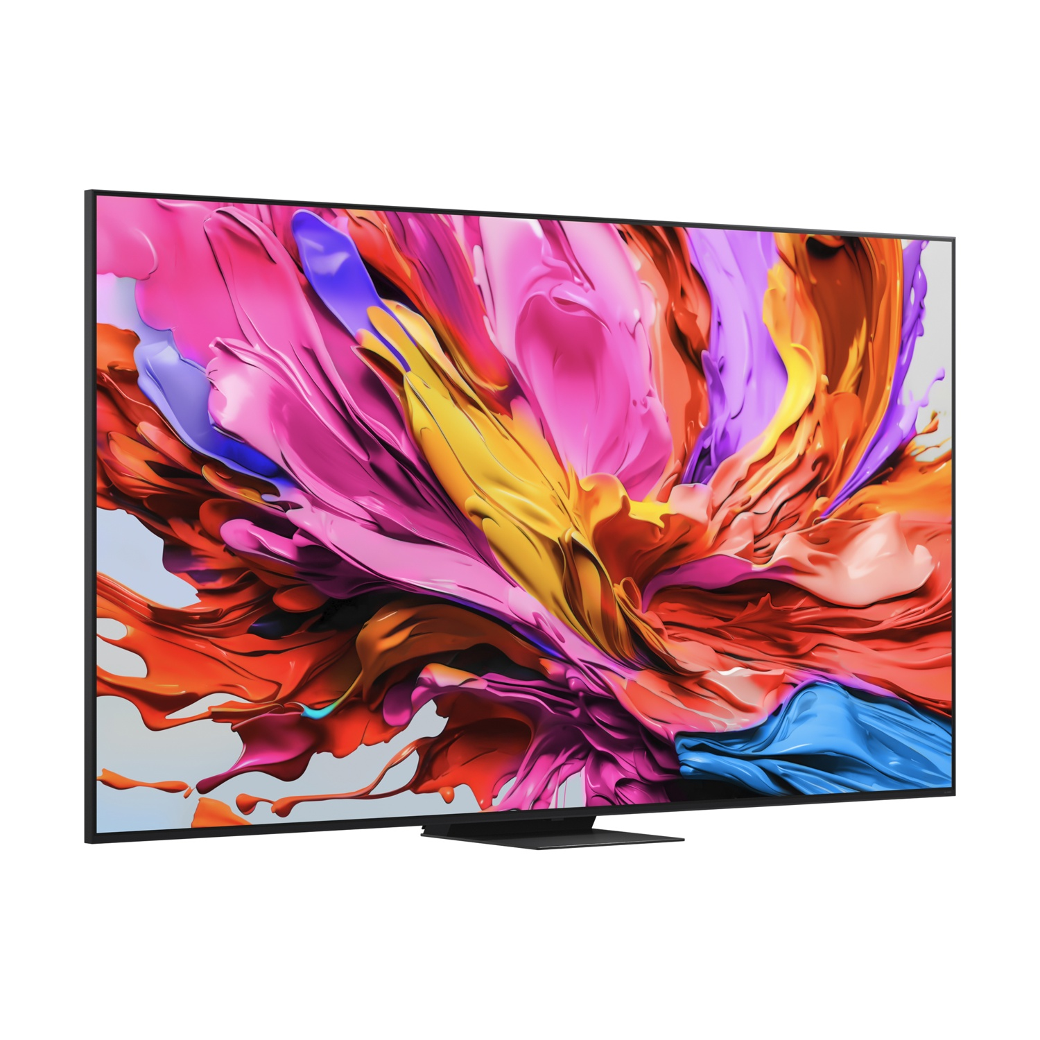 TV a schermo grande con arte astratta colorata. Supporto nero. Sfondo bianco.