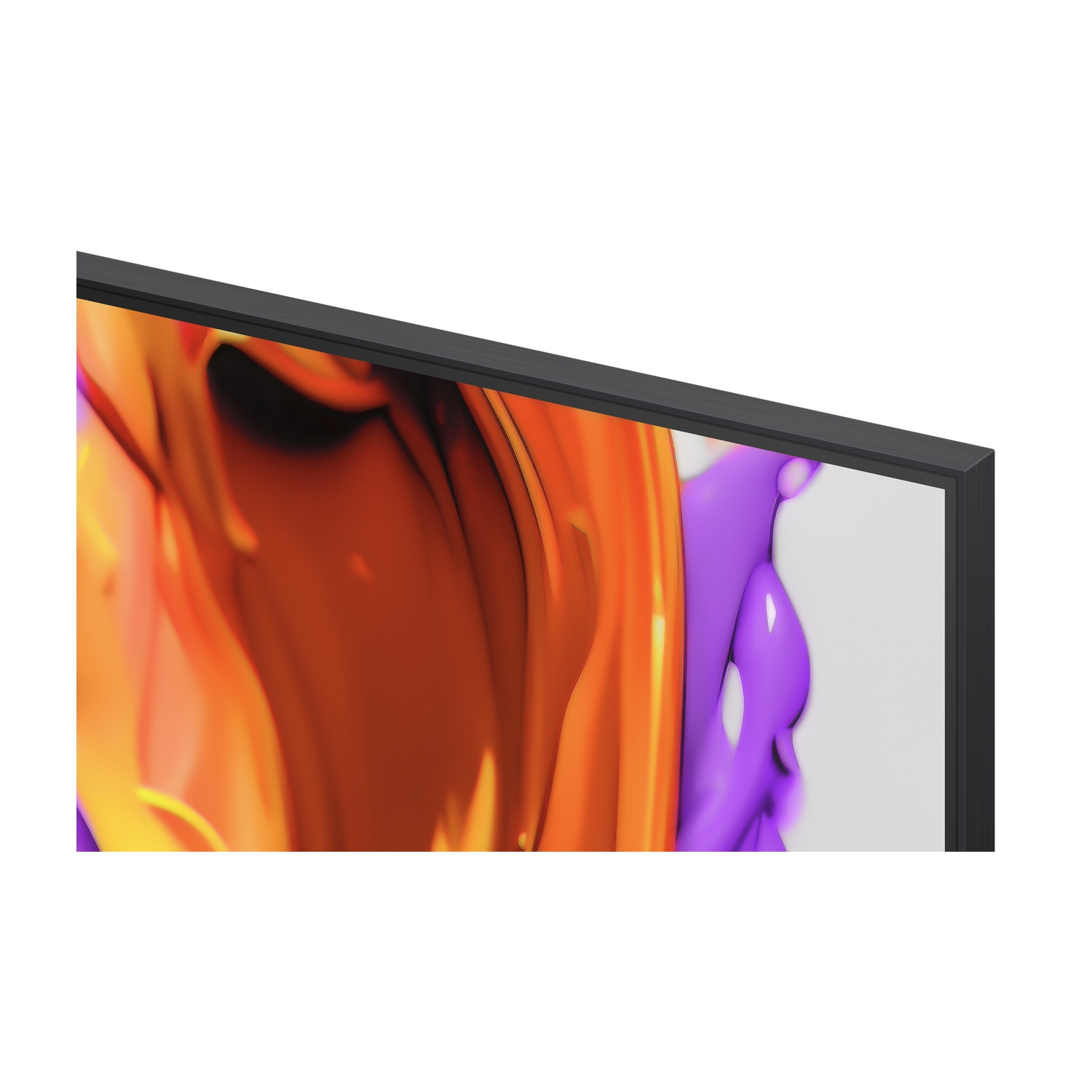 Primo piano di un angolo dello schermo TV che mostra forme astratte colorate in arancione, viola e bianco.