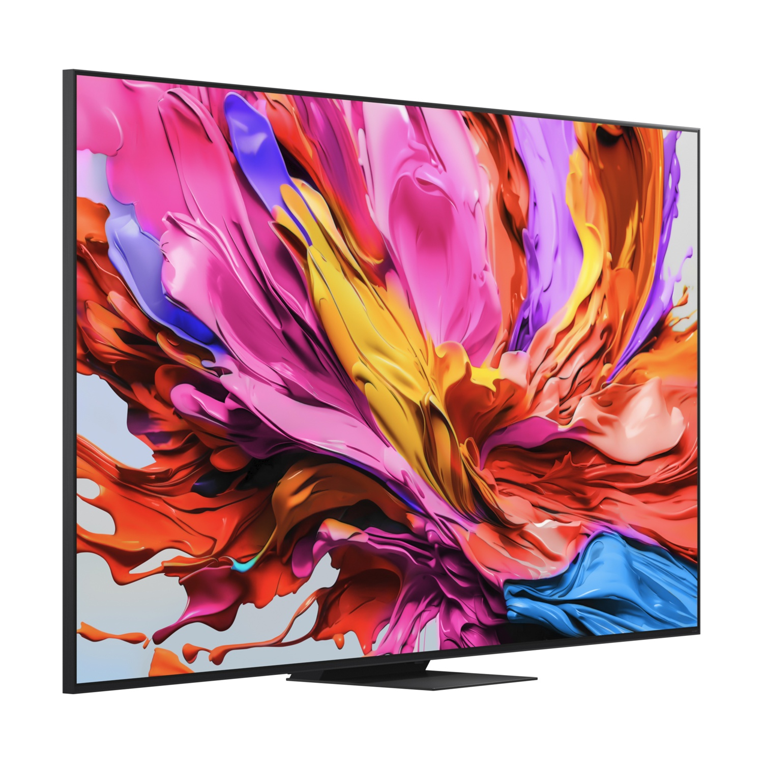 TV con arte astratta colorata, vista angolata. Supporto nero. Sfondo bianco.