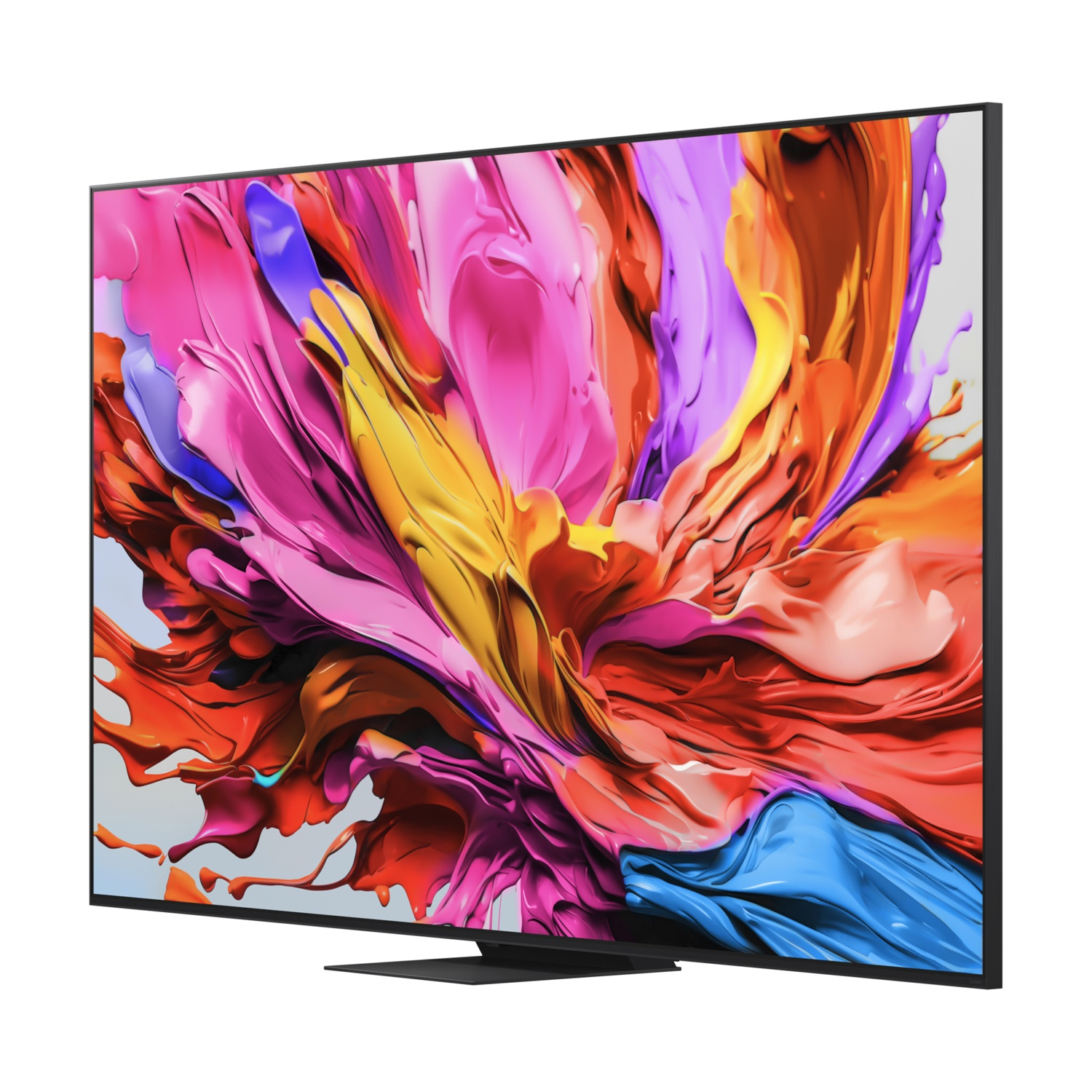 TV con arte astratta colorata, vista angolata. Supporto nero. Sfondo bianco.
