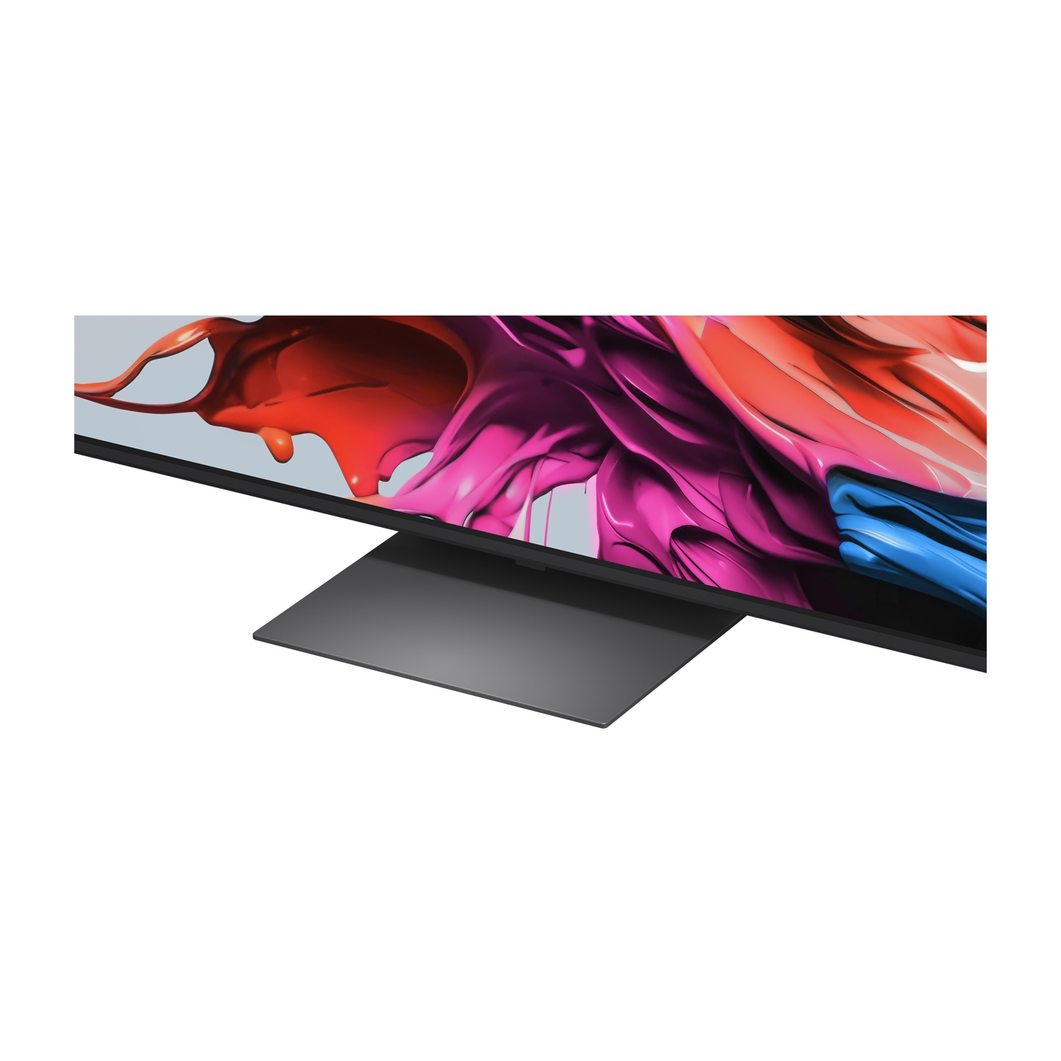TV con supporto, che mostra parte dello schermo con immagini astratte colorate in rosso, rosa e blu.
