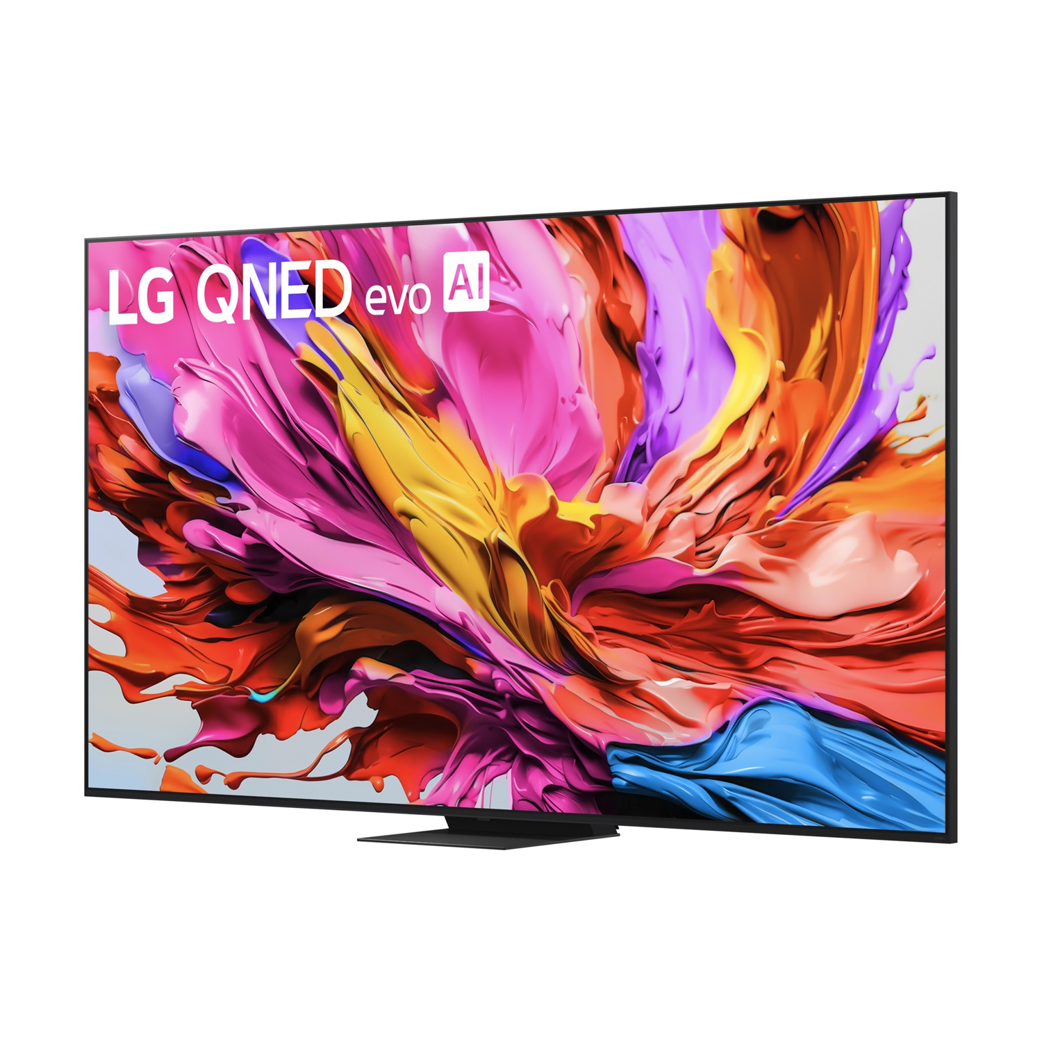 TV con arte astratta colorata, vista angolata. Supporto nero. Logo LG QNED evo AI.