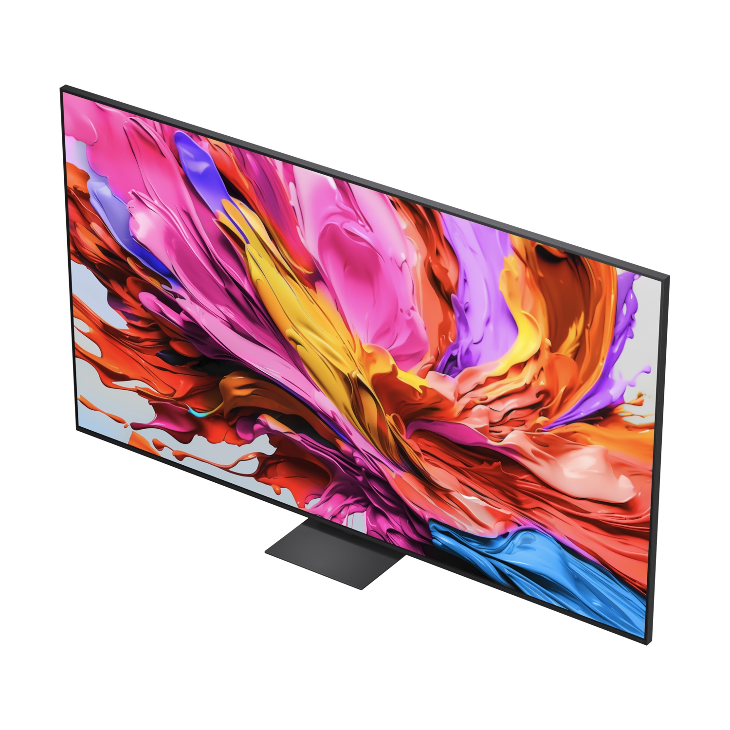 TV dall'alto, che mostra un'immagine d'arte astratta colorata sullo schermo, cornice e supporto neri.