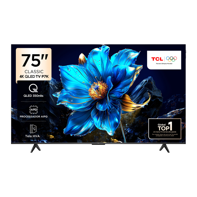Mavi bir çiçek görüntüsü olan 75 inçlik bir TV, 4K QLED ayrıntılarını gösteriyor. TCL logosu görünür.