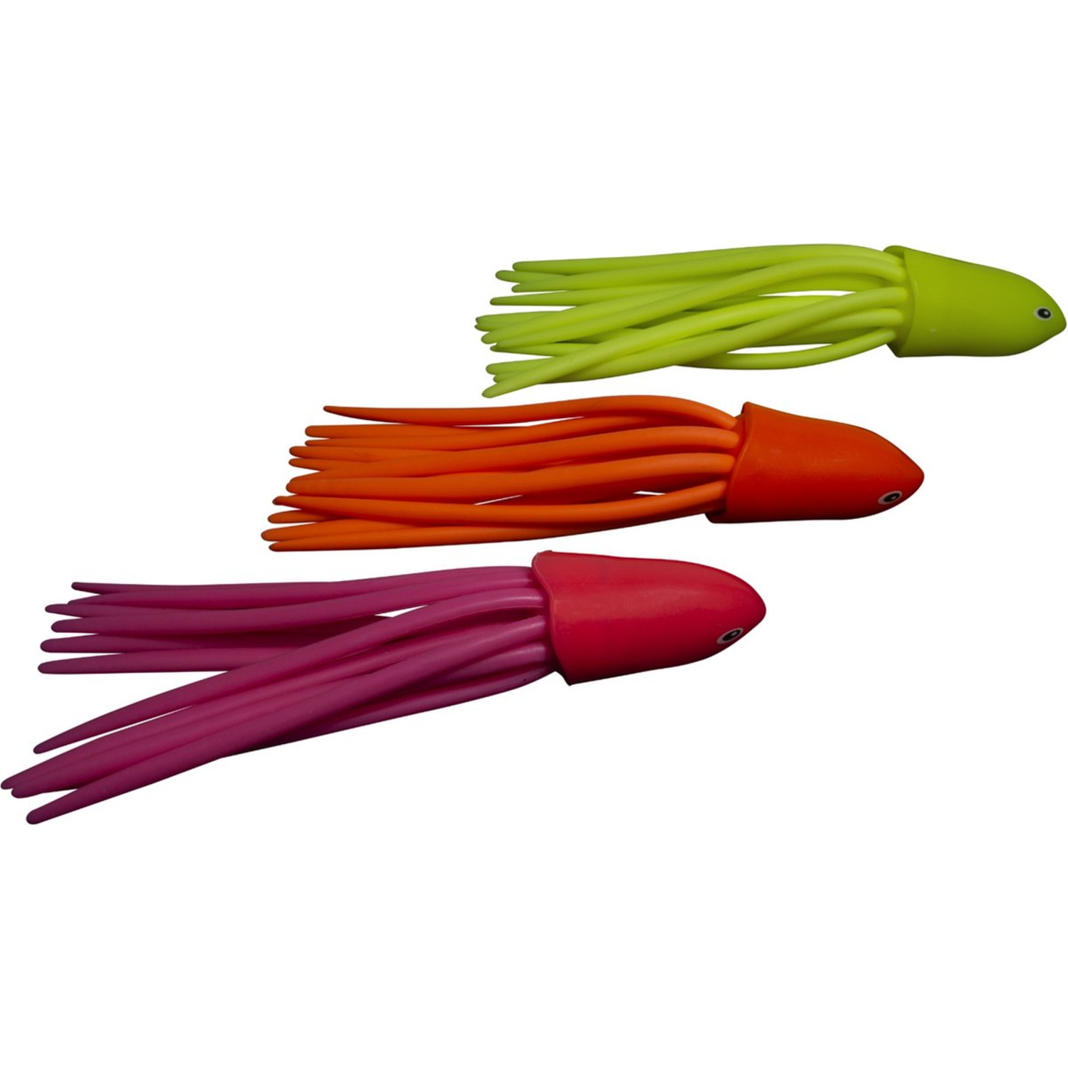 Drie speelgoed squids in felle kleuren: groen, oranje en roze. Ze hebben tentakels en rode ogen.