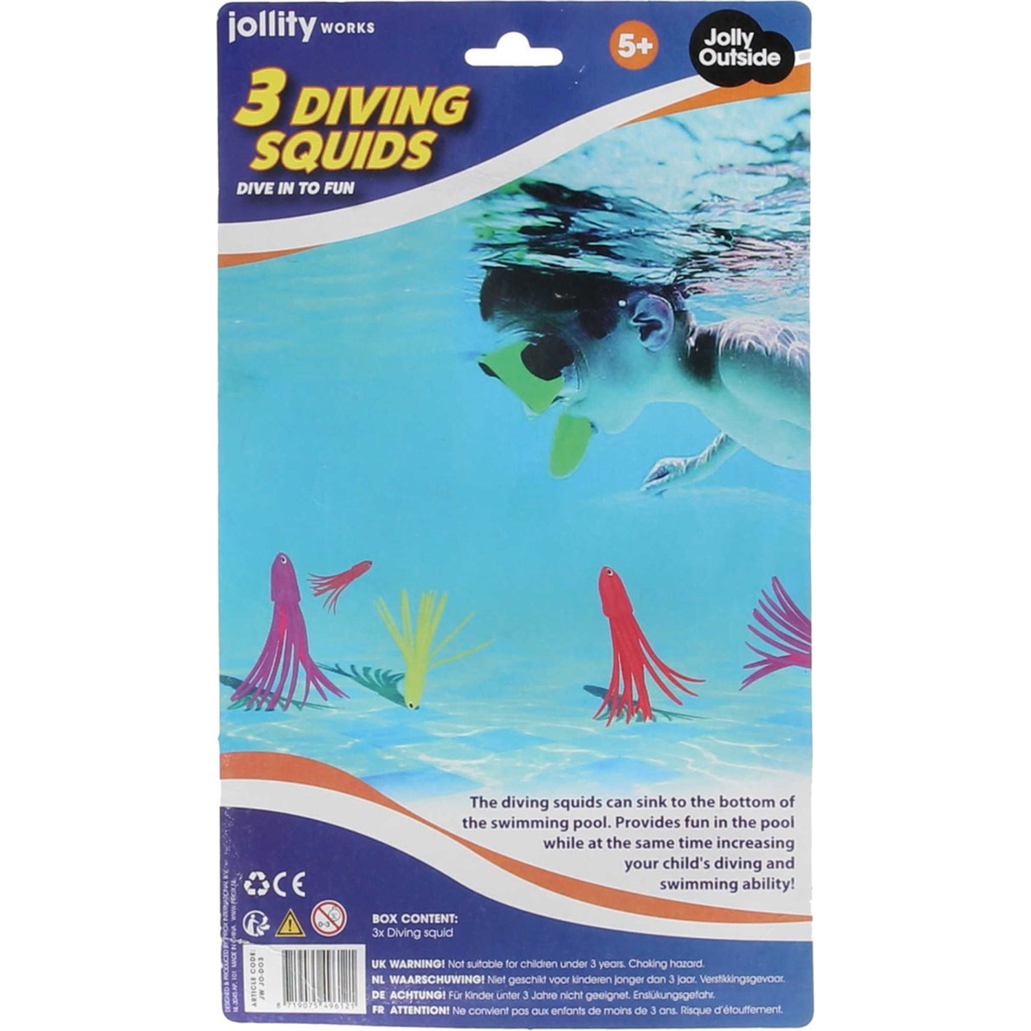 Achterkant van de verpakking van het duiksquidsspeelgoed. Een kind in het water zwemt met het speelgoed.