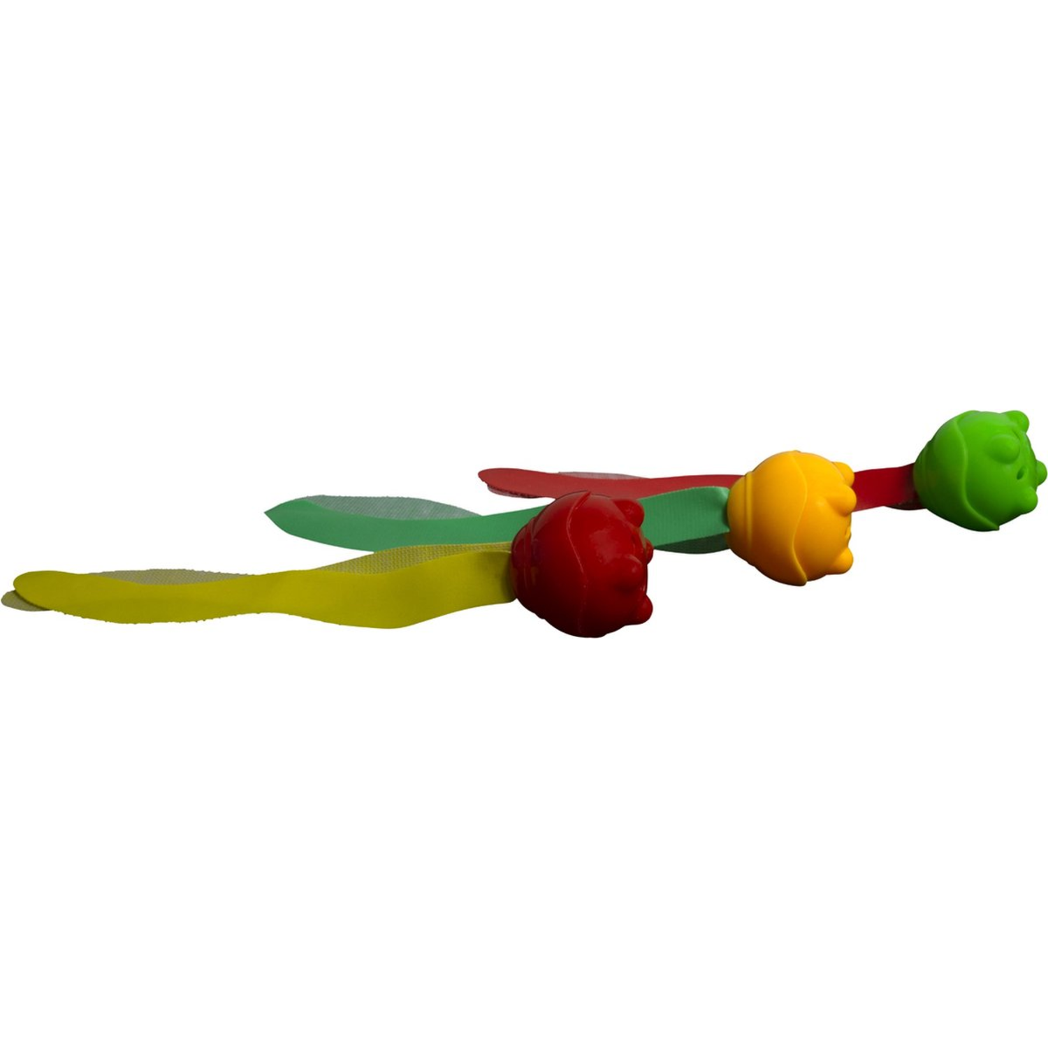 Drie duikkoorden. Geel, groen en rood. Elk heeft een bal met een andere kleur aan het einde. Witte achtergrond.