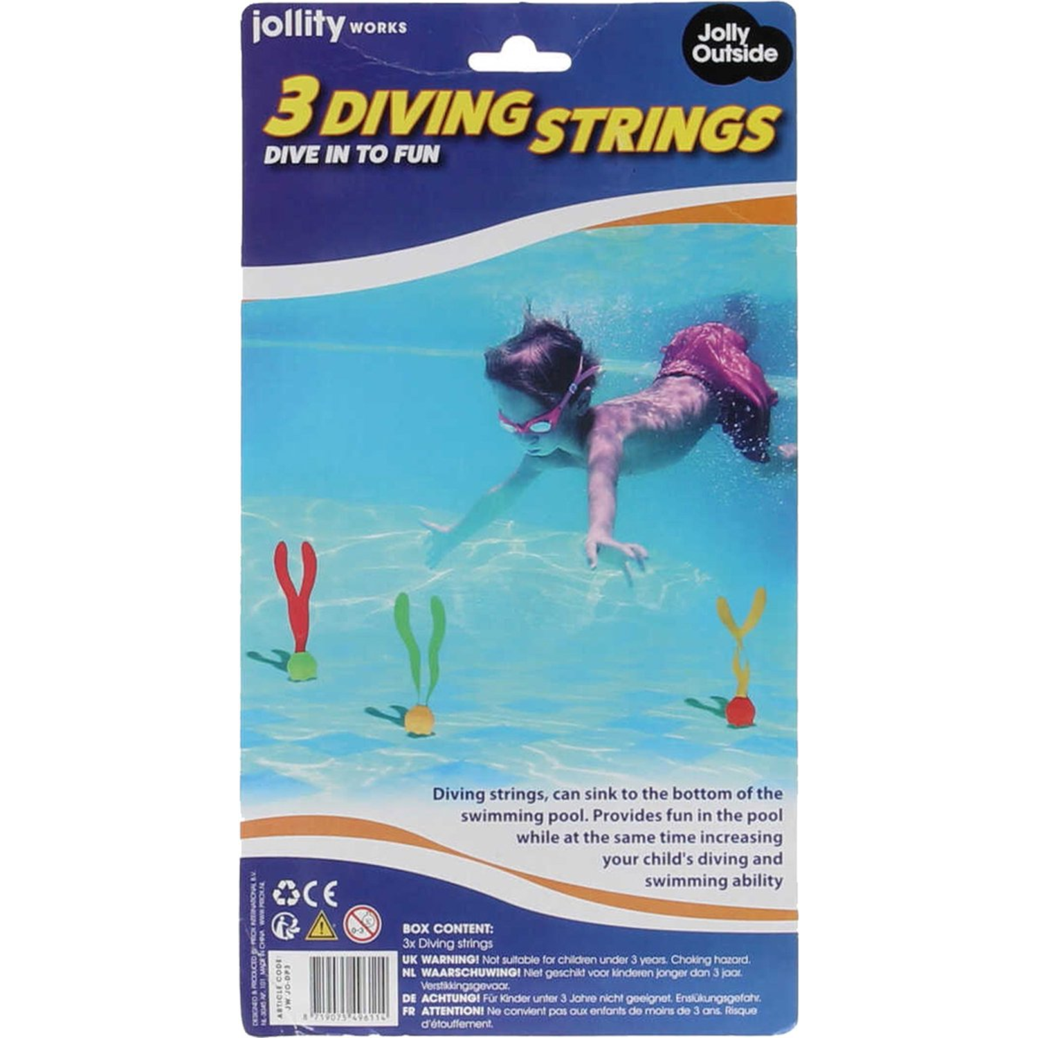 Verpakking toont een kind dat zwemt met een bril en duikkoorden. Duikkoorden in het water. Tekst op de verpakking.