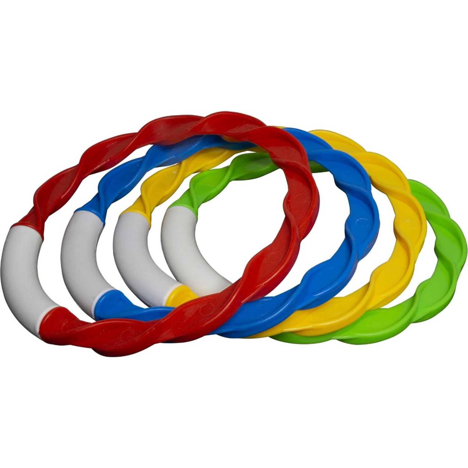 Vier duikringen. Rood, geel, blauw en groen. Witte en gekleurde secties. Witte achtergrond.