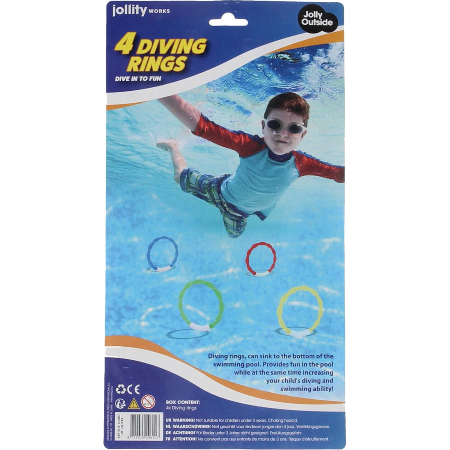 Verpakking toont een kind dat zwemt met een bril en duikringen. Duikringen in het water. Tekst op de verpakking.