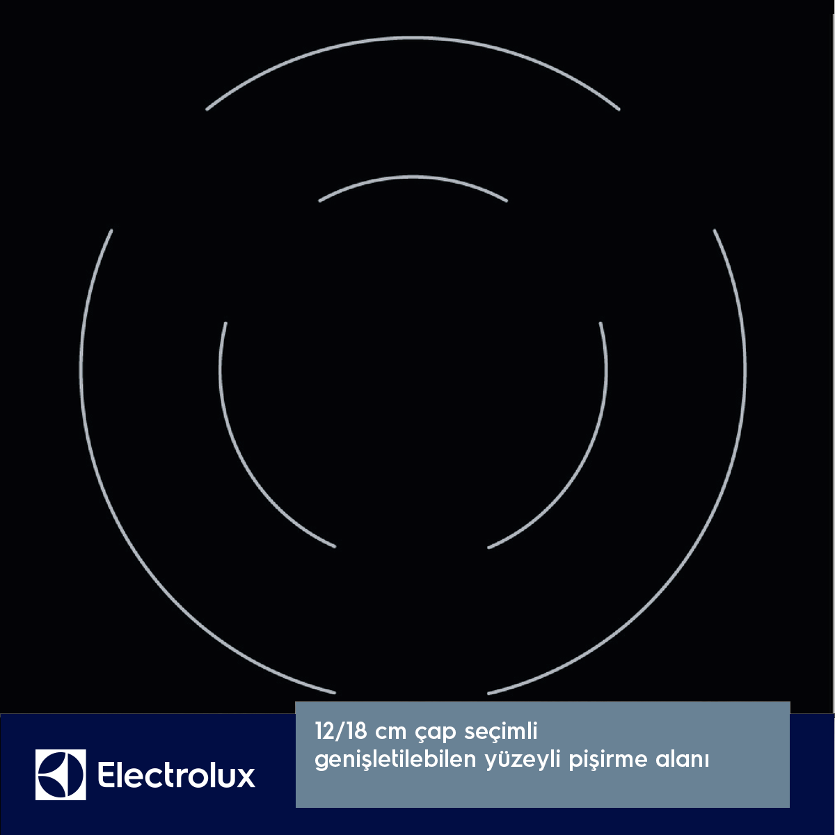 Çizgili siyah ocak üstü. Köşede Electrolux logosu. Altta beyaz metin kutusu. Siyah zemin.