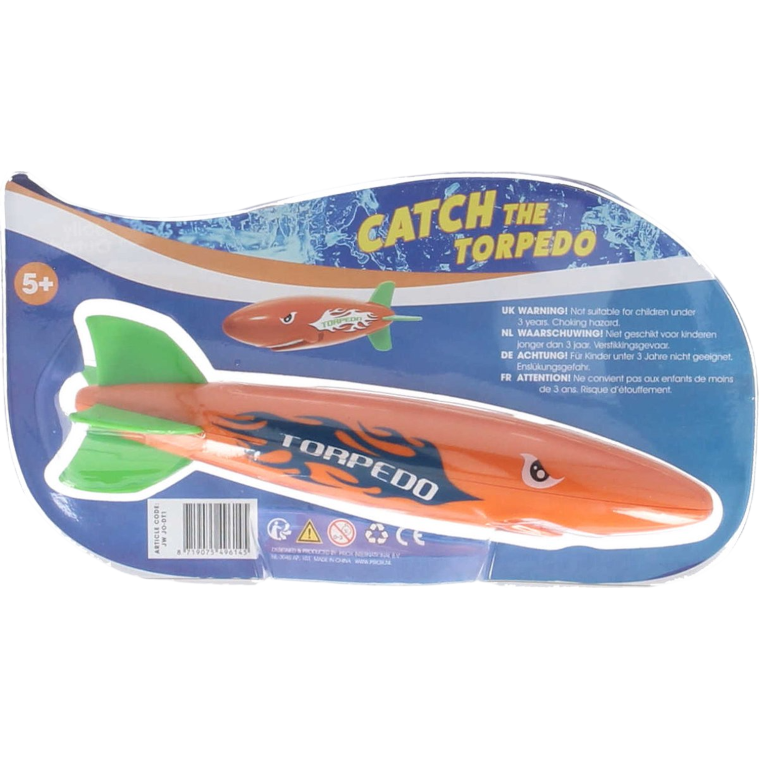 Verpakking met oranje torpedospeelgoed met groene vinnen, jongenillustratie en tekst.