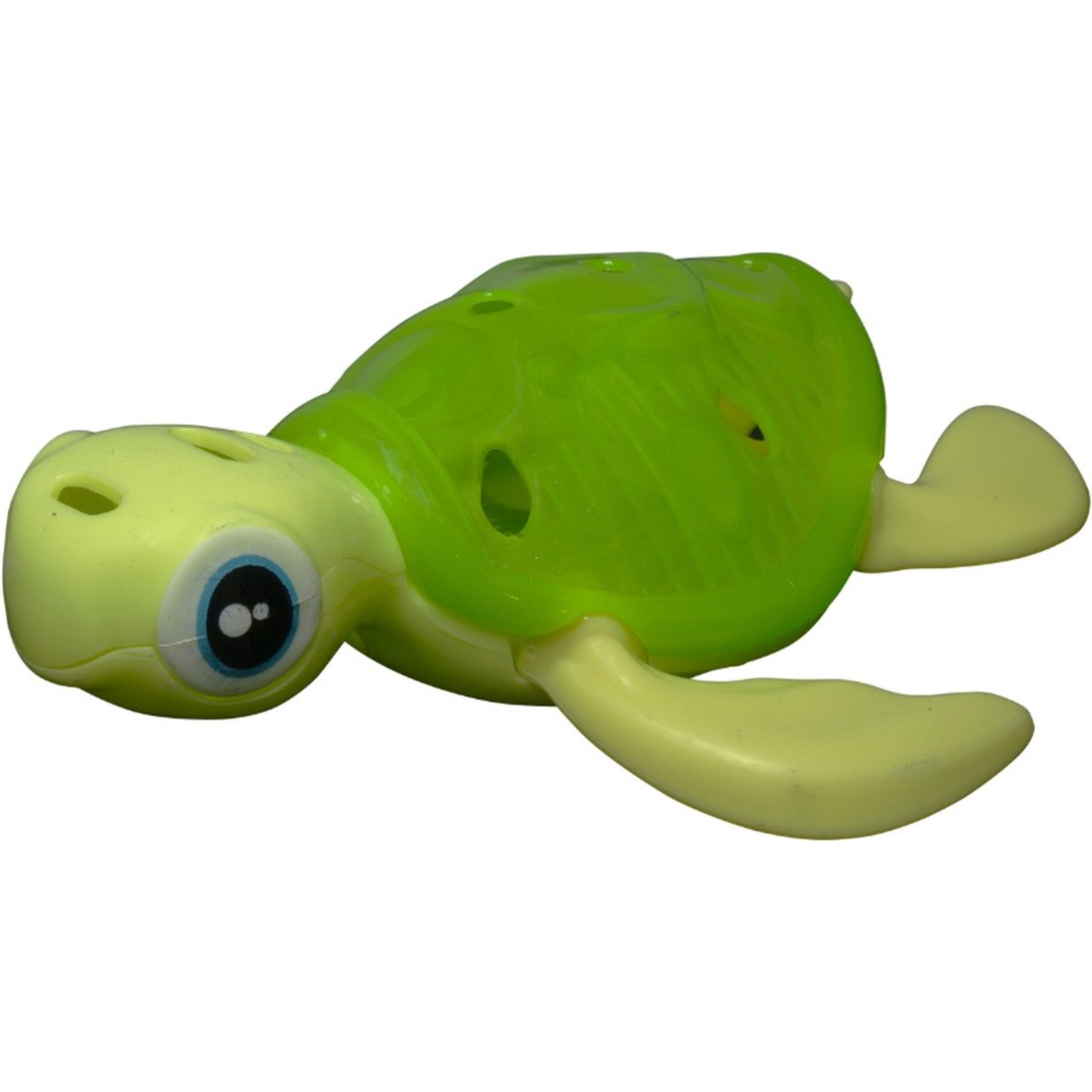 Een groen en geel duikschildpaddenspeelgoed op een witte achtergrond.