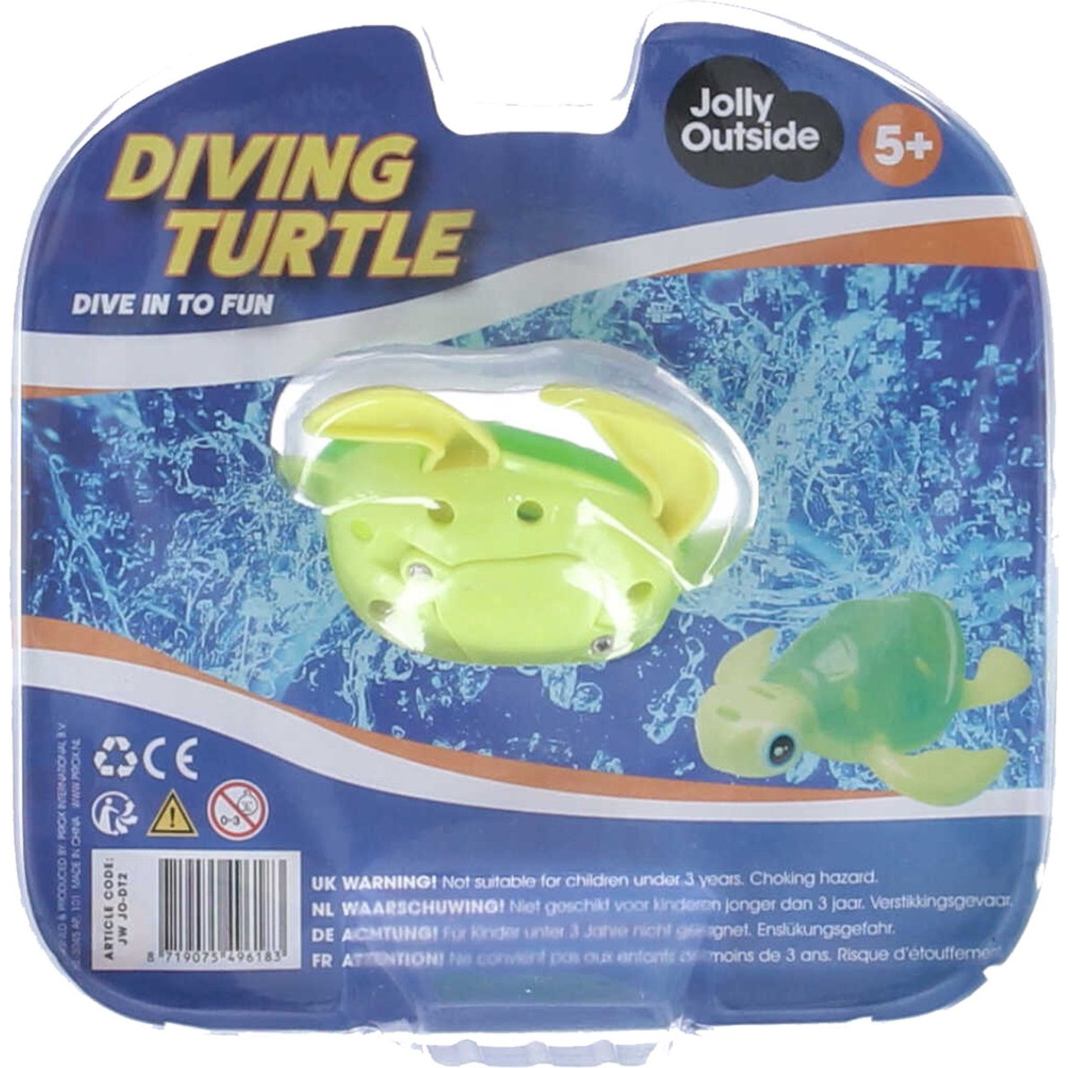 Verpakking met een groen en geel duikschildpaddenspeelgoed en een jongenillustratie.