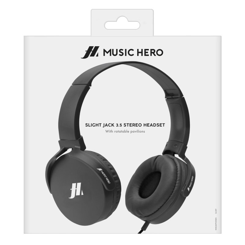 Verpackte schwarze Kopfhörer mit Text: "Slight Jack 3.5 Stereo Headset".