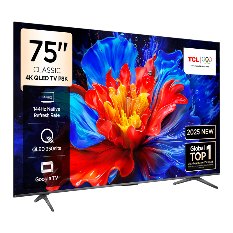 75" TCL TV, ekranda canlı çiçek deseni. Özellikler: 4K QLED, 144Hz yenileme hızı.