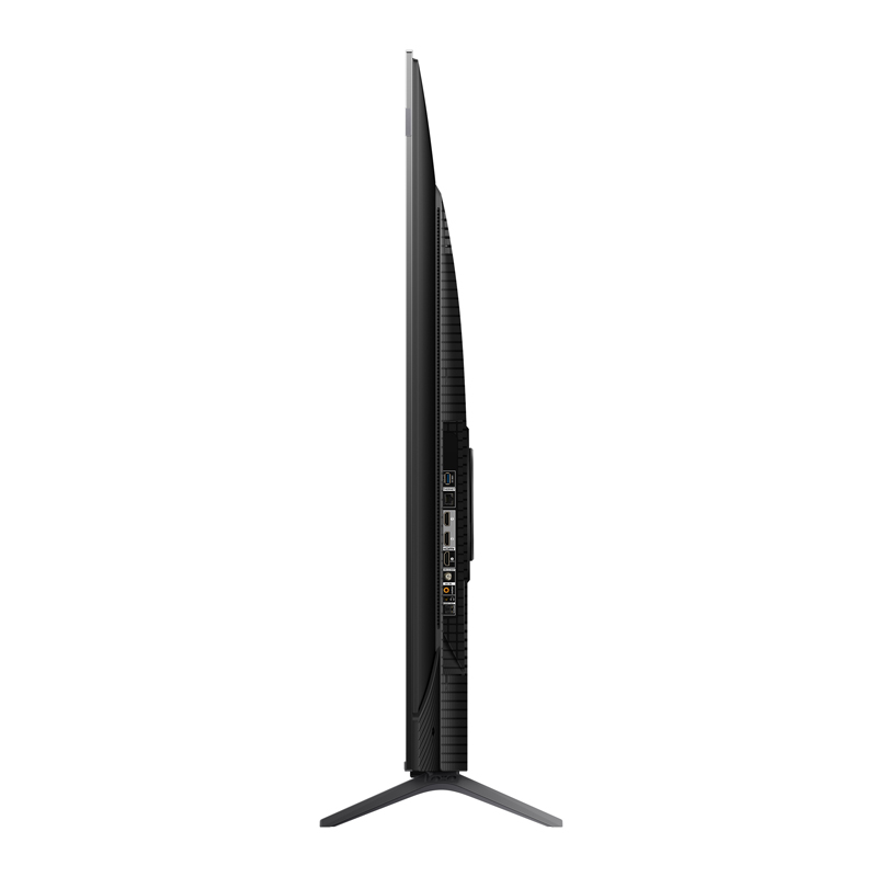 75" TV'nin yan görünümü. Siyah renkli, ince çerçeveli ve ayaklı.