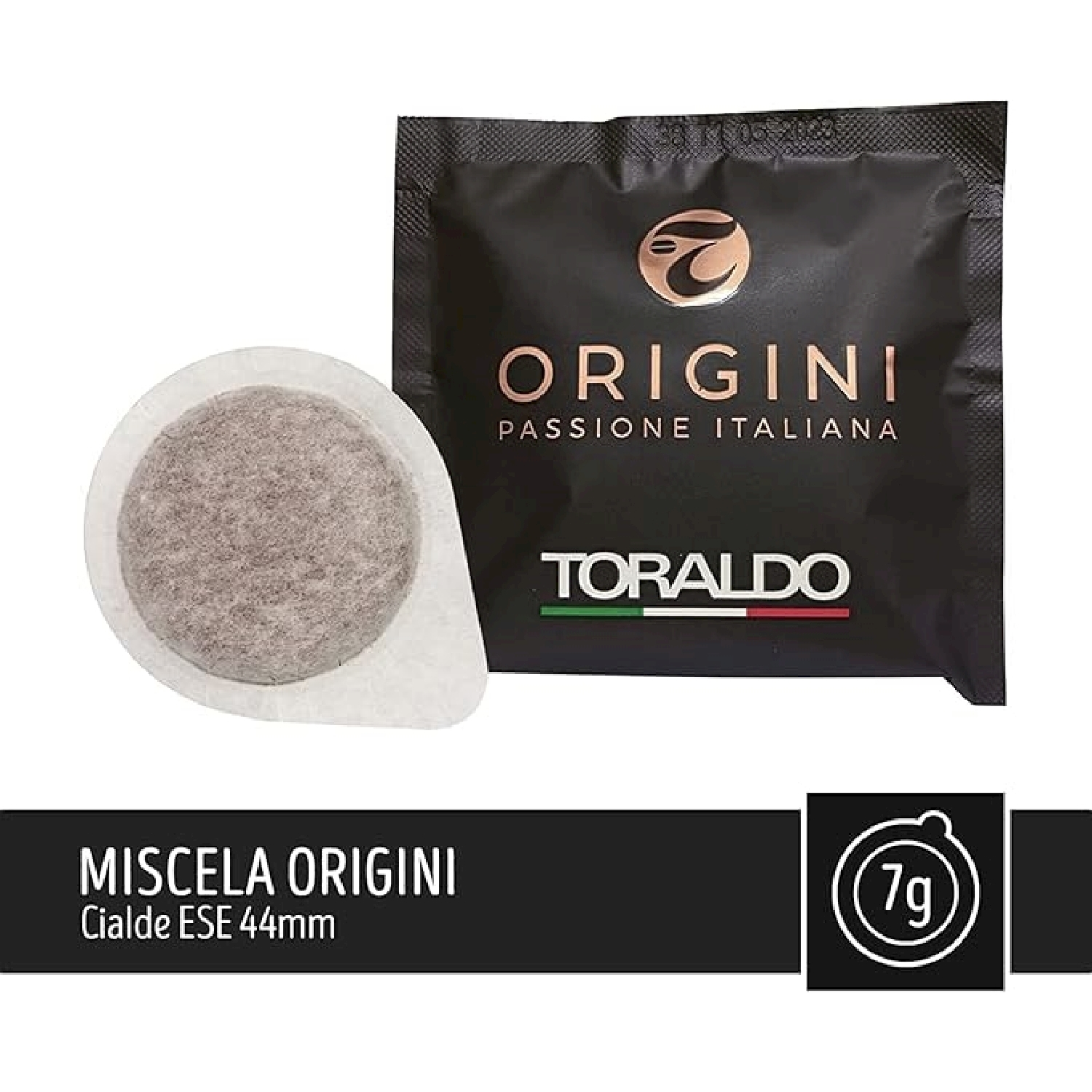 Cialda di caffè e un pacchetto nero con il logo Toraldo.