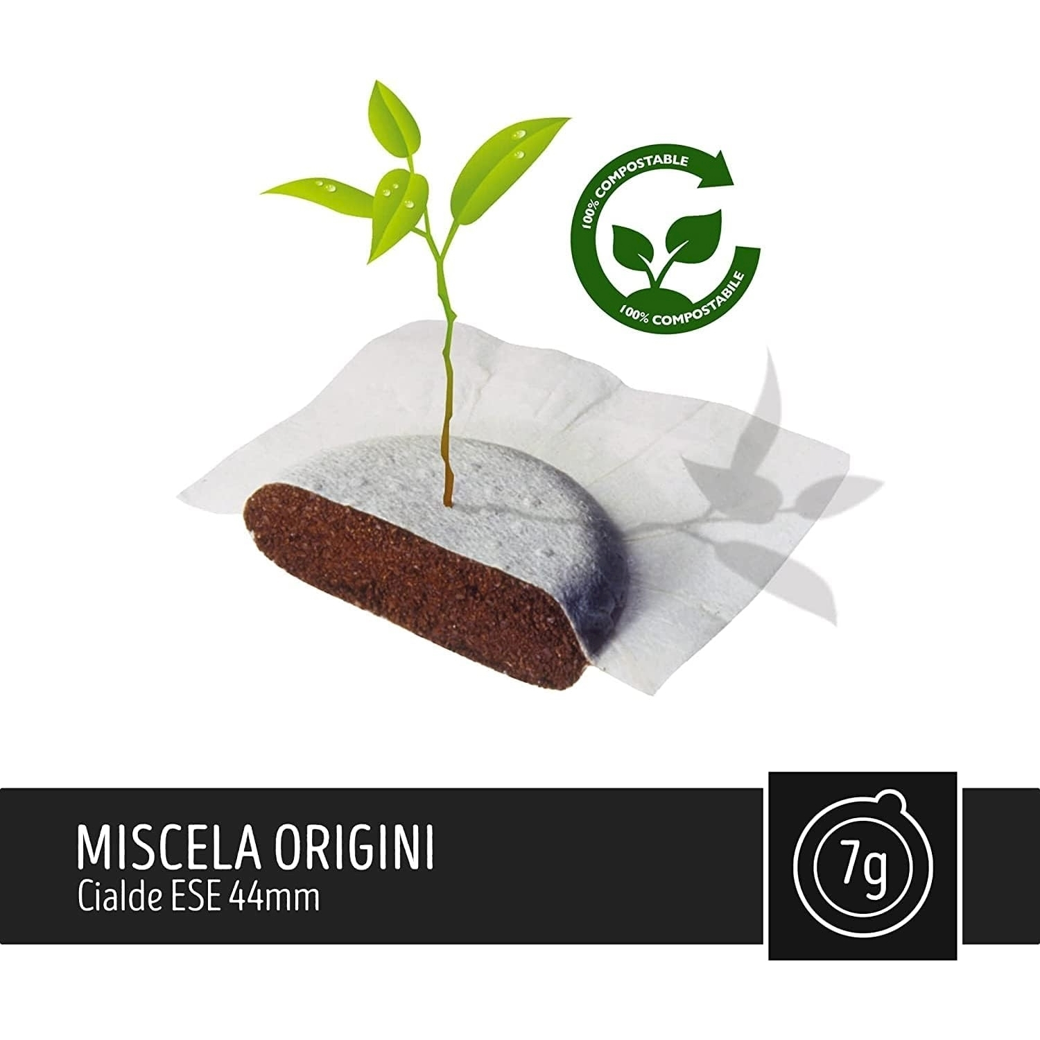 Cialda di caffè con piccola pianta e logo compostabile.