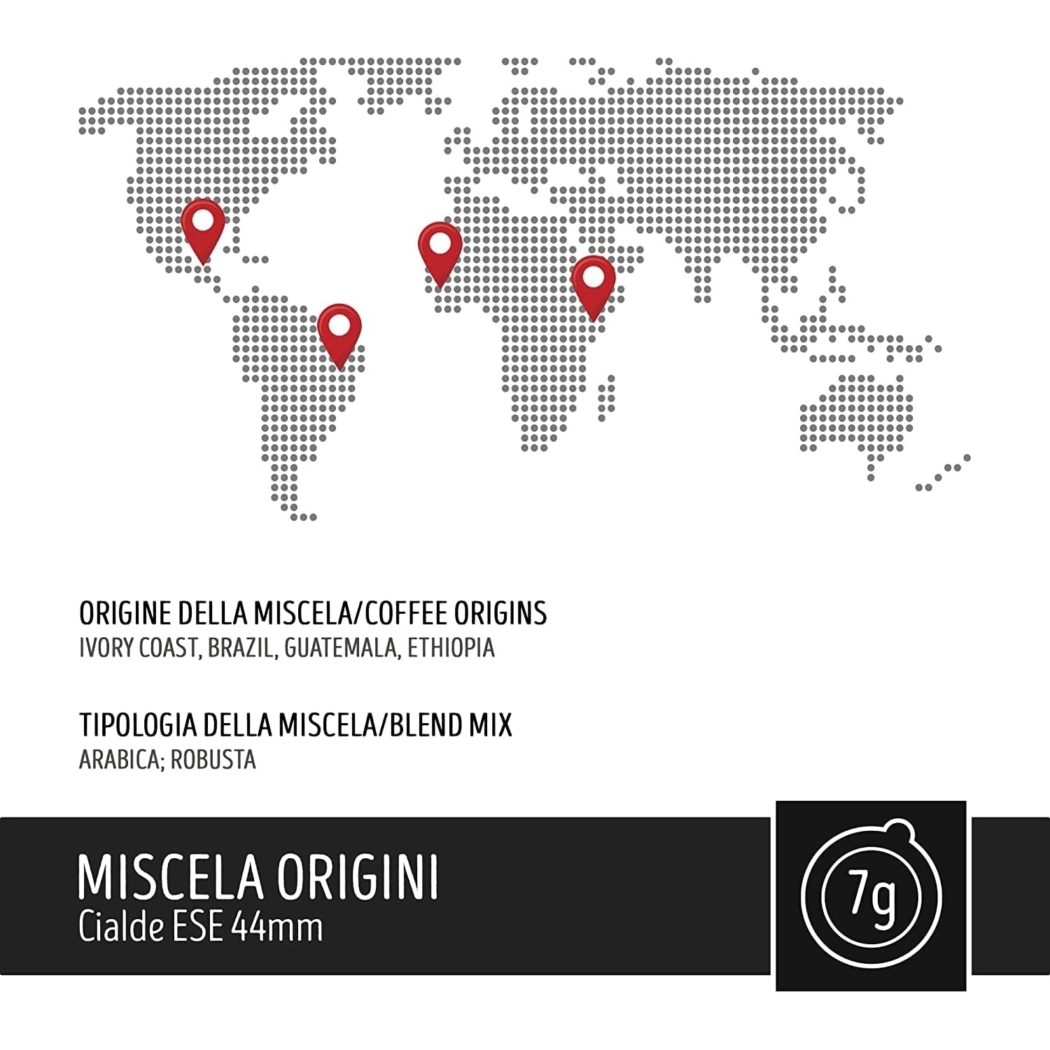 Mappa del mondo con origini del caffè: Costa d'Avorio, Brasile, Guatemala, Etiopia.