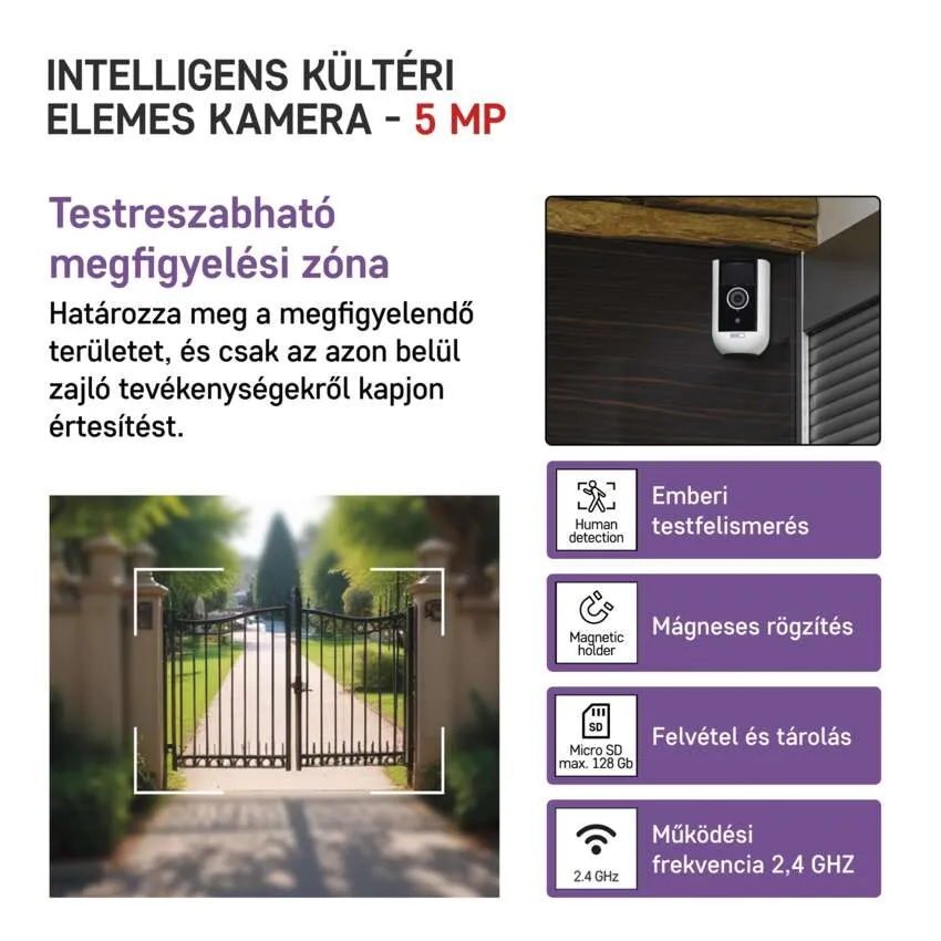 Egy biztonsági kamera a falra szerelve, különböző funkciókat és egy kaput jelenít meg.