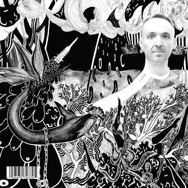 Albumcover. Schwarz-Weiß-Abstrakte Kunst mit Gesicht, Hai und verschiedenen Formen.
