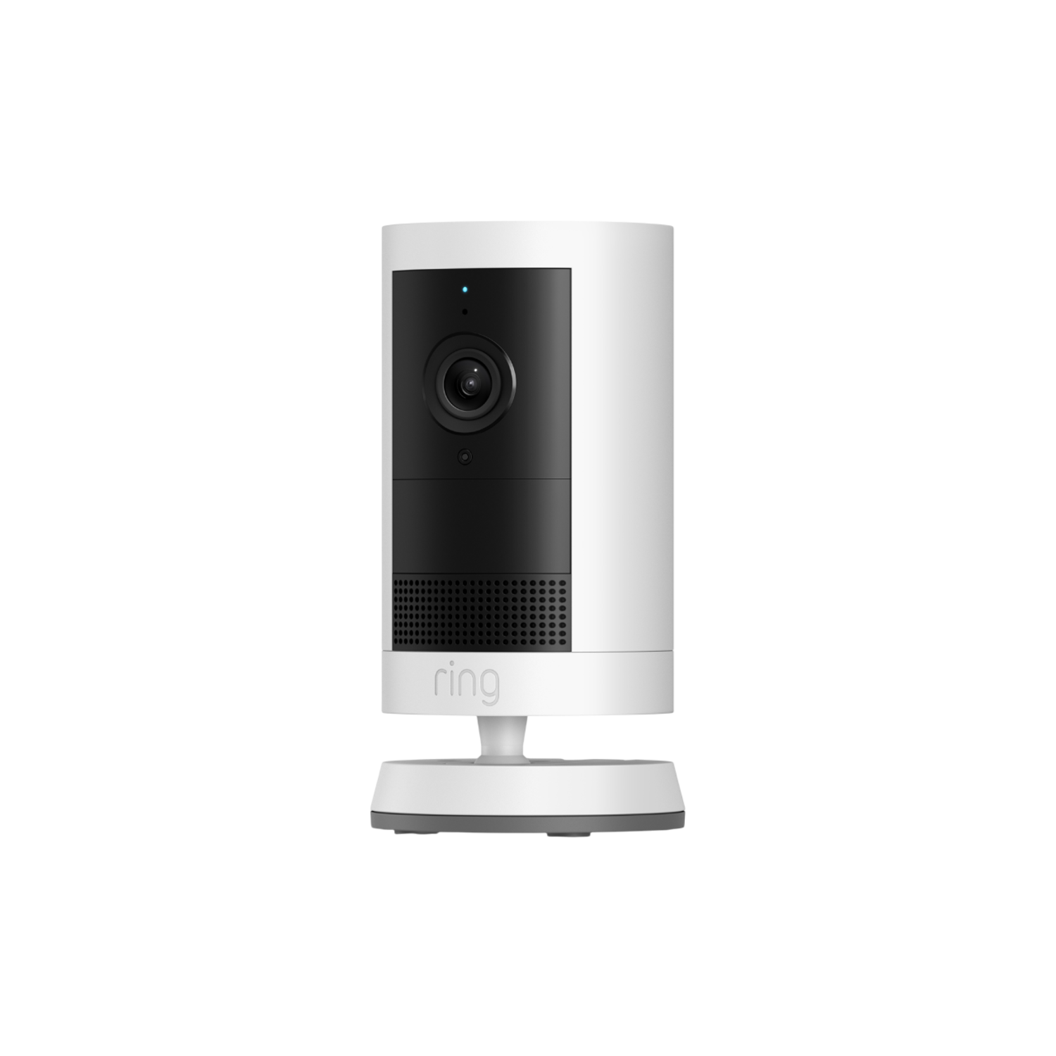 Une caméra de sécurité Ring blanche est posée sur une base blanche sur fond noir.