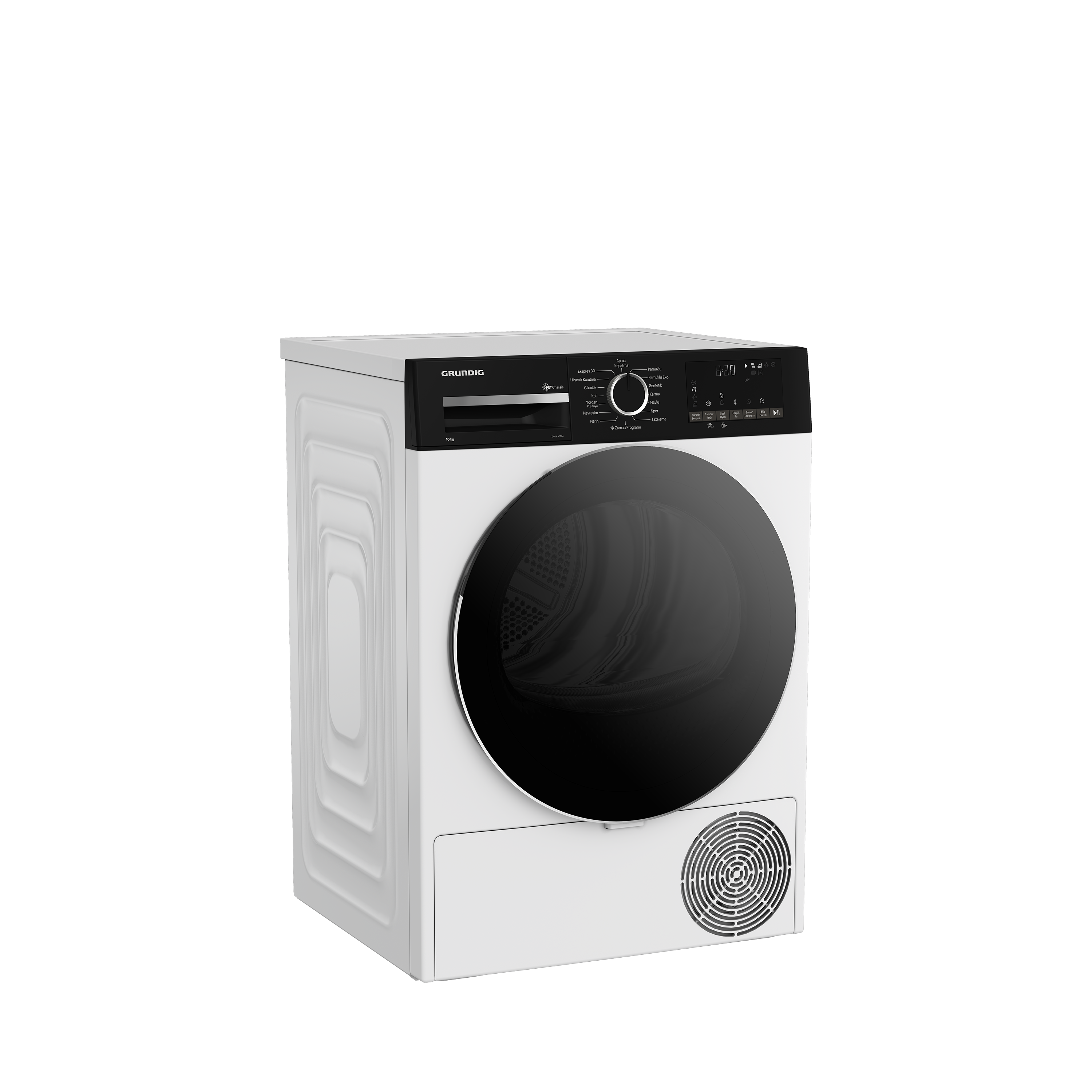 Beyaz Grundig kurutucu, siyah kapı. Üstte küçük ekran ve düğmelerle kontrol paneli.