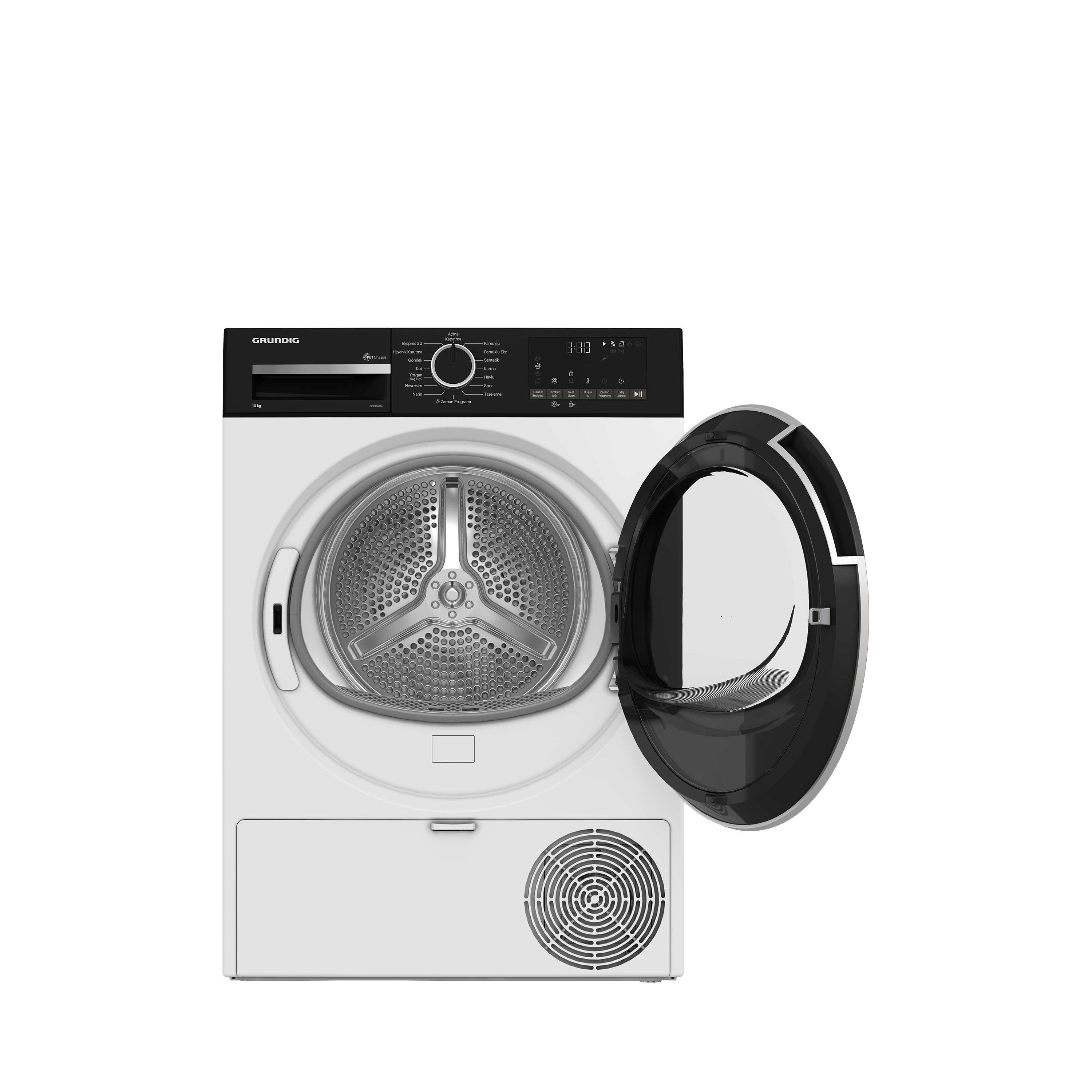 Açık kapılı Grundig kurutucu. İç tambur görünür. Kontrol paneli üst kısımda.