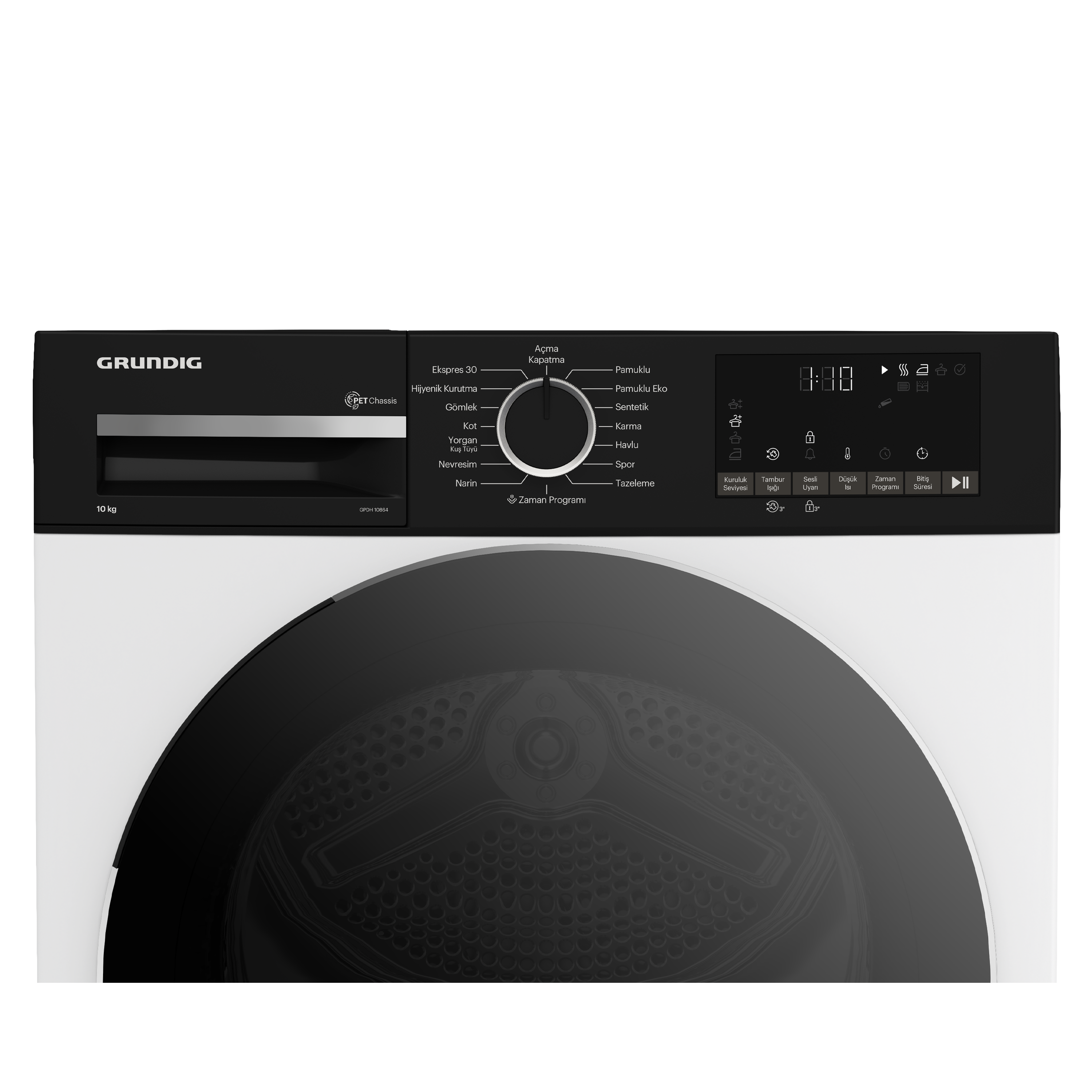 Grundig kurutucu kontrol panelinin yakın çekimi. Bir kadran, düğmeler ve bir bilgi ekranı var.