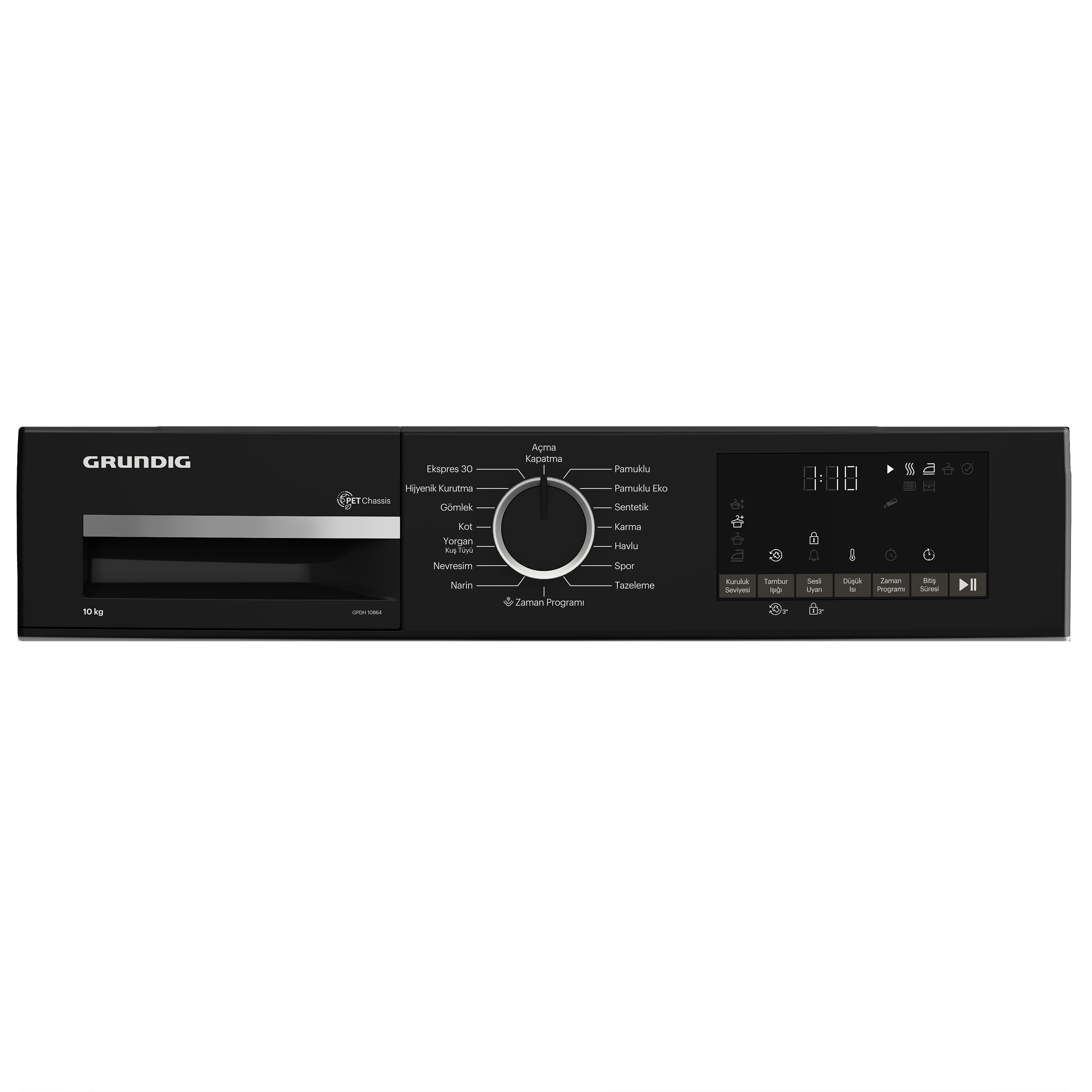 Grundig kurutucu kontrol panelinin yakın çekimi, kadran, ekran ve düğmelerle. Beyaz gövde.