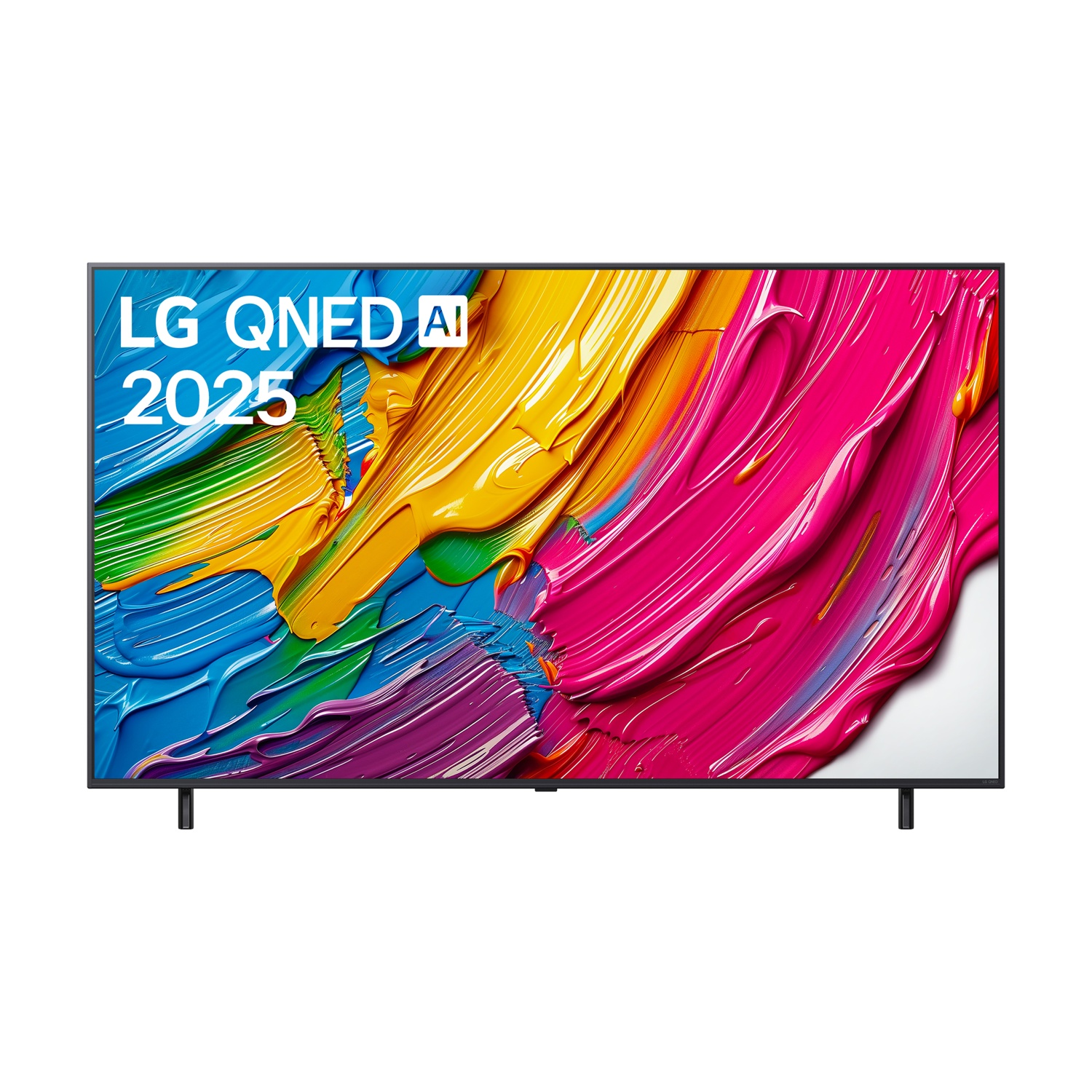 TV LG QNED AI 2025 con pennellate colorate sullo schermo, supporto nero.
