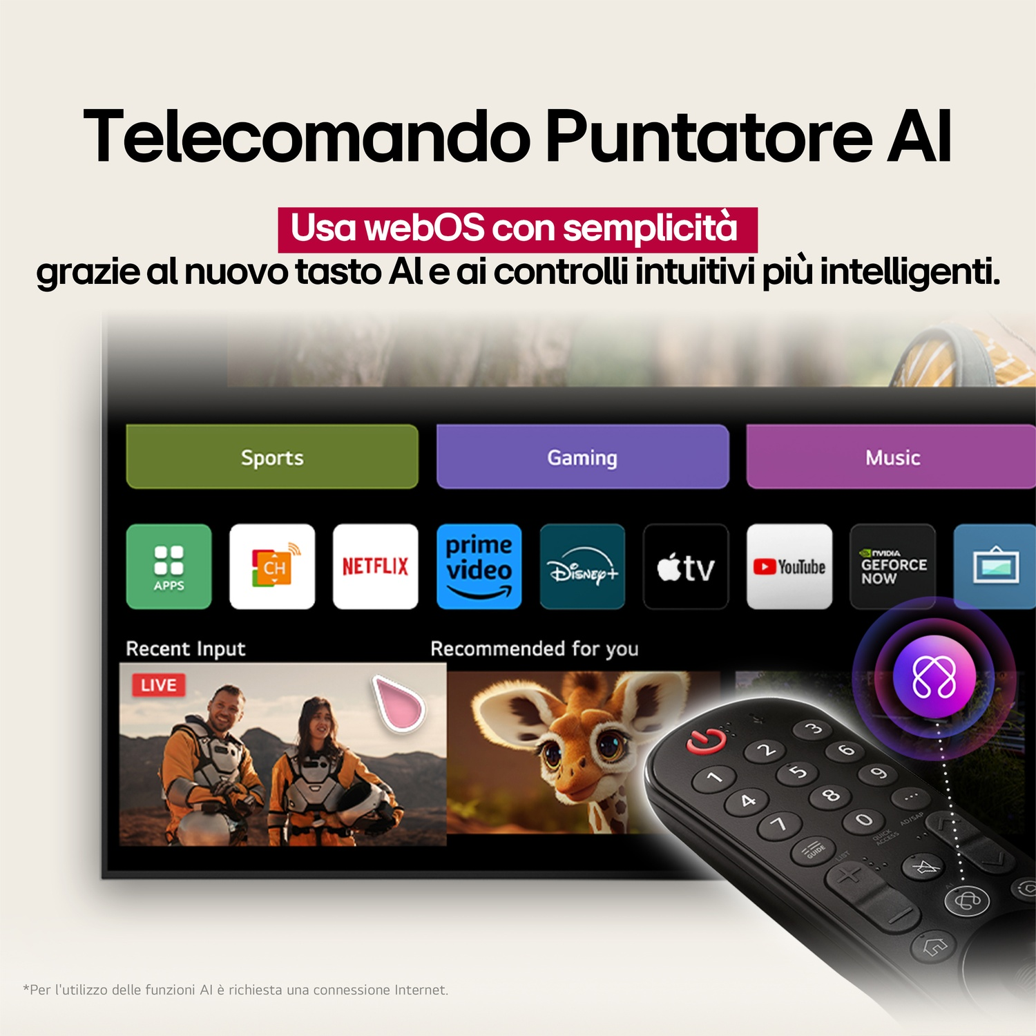 Telecomando TV che mostra l'interfaccia con più app.