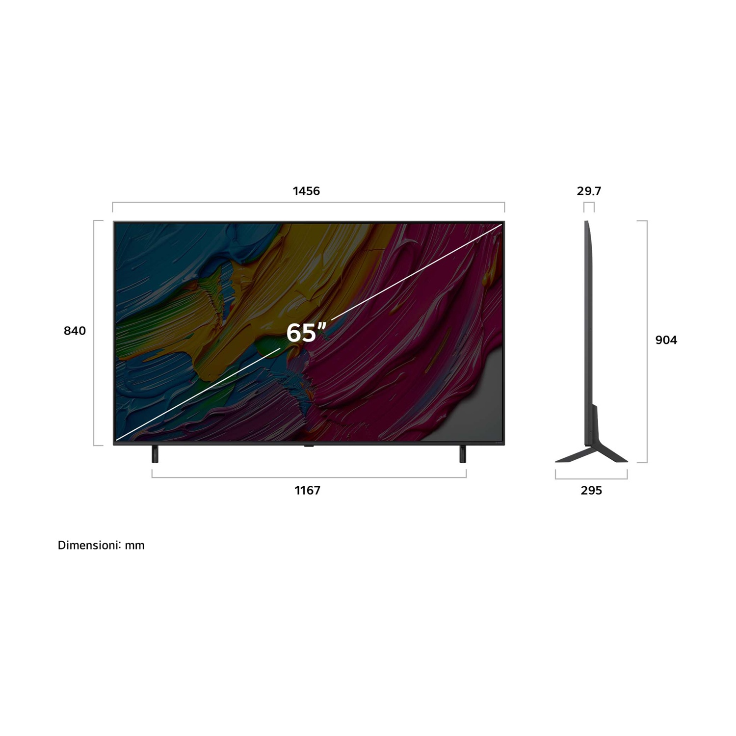 TV da 65 pollici con dimensioni etichettate.