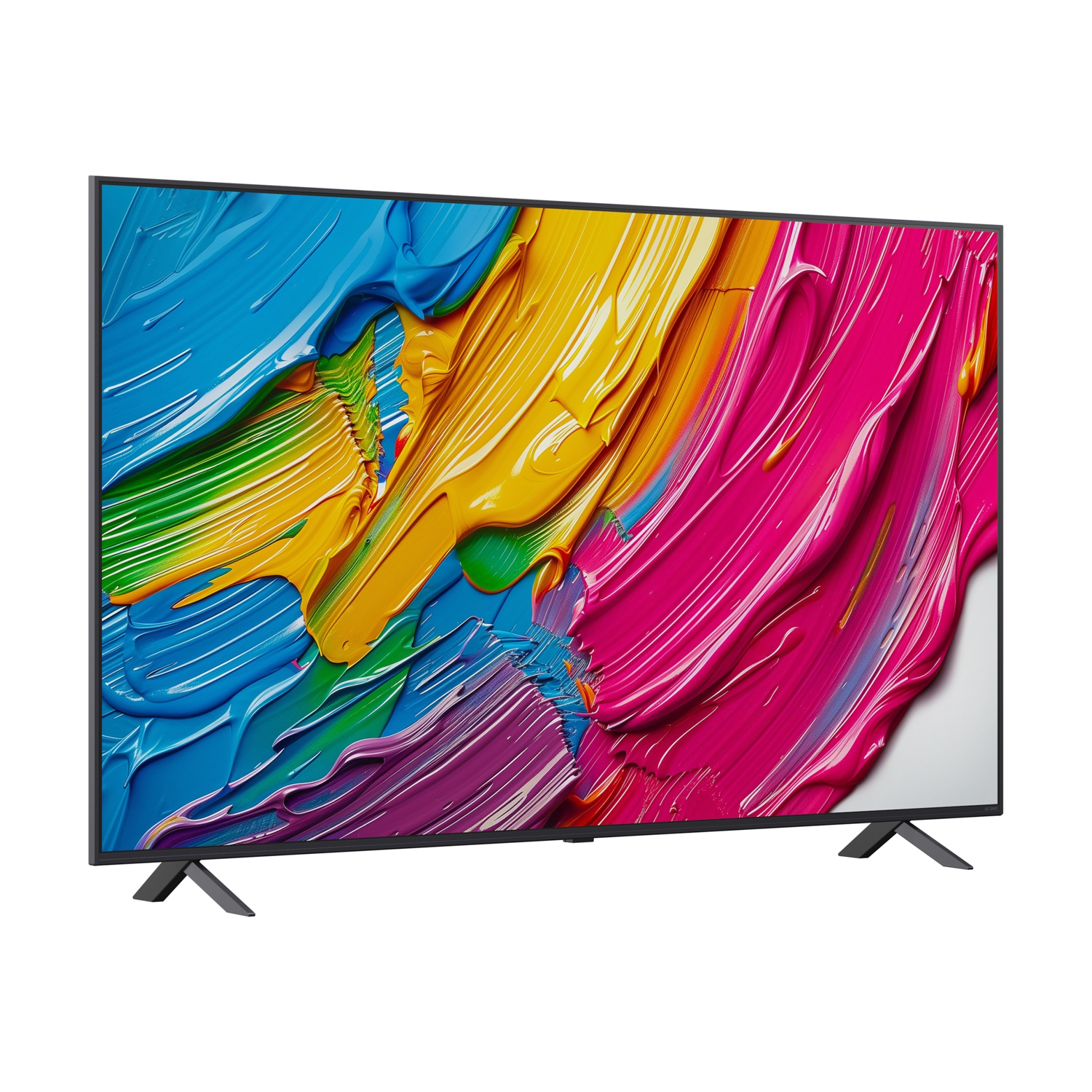 TV con pennellate colorate, da un'angolazione, cornice e supporto neri.